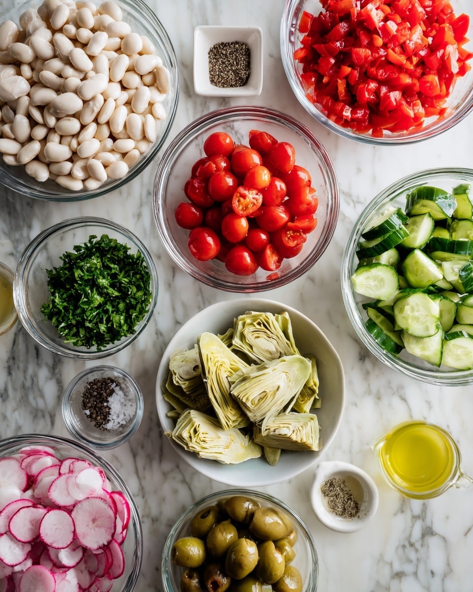 The image shows several small clear glass bowls and two small white bowls arranged on a white marbled surface, each filled with different fresh and colorful salad ingredients. At the top left is a bowl of large white beans, next to it on the right is a bowl of finely chopped bright red bell peppers, and further right is a bowl filled with sliced green cucumbers with dark green skin and light green interior. Below the beans is a bowl of pale green artichoke hearts that have a soft texture. To the right of the artichokes is a bowl of quartered bright red cherry tomatoes. Below the artichokes is a white bowl filled with dark green chopped parsley. To the right of the parsley is a small clear bowl with a pale yellow dressing or vinegar, and next to it is another small clear bowl filled with coarse salt and black pepper. At the bottom left is a bowl with thinly sliced radishes showing white and pinkish-red colors. To the right of the radishes is a bowl filled with halved green olives with pits removed. Behind the dressing bowls is a small white bowl with golden olive oil. The overall scene is bright, clean, and ready for making a fresh salad photo taken with an iphone --ar 4:5 --v 7