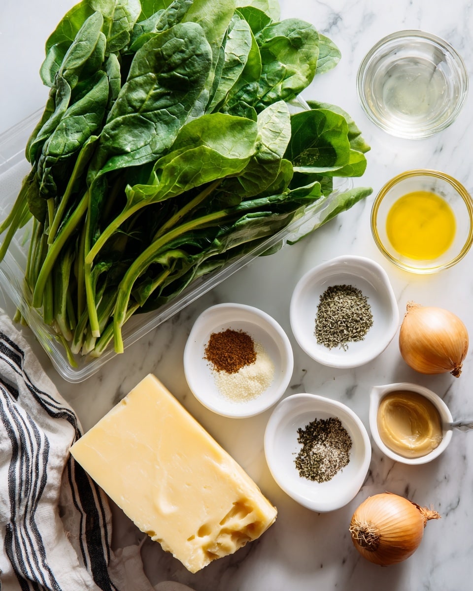 A clear plastic container filled with fresh green leafy vegetables takes the left side of the image, showing detailed veins and stems on the leaves. To the right, there are three small white bowls: one containing yellow olive oil, another with five seasoning piles arranged in a circle – light brown garlic powder, dried green oregano, black and white pepper mix, dried herbs, and white salt, and the last bowl holding a tan mustard dollop. A small clear glass bowl with a little transparent liquid is placed above the white bowls. Below, part of a wedge of light yellow cheese sits on the white marbled surface next to three small round light brown onions. A white and black striped cloth is partly visible at the bottom left photo taken with an iphone --ar 4:5 --v 7