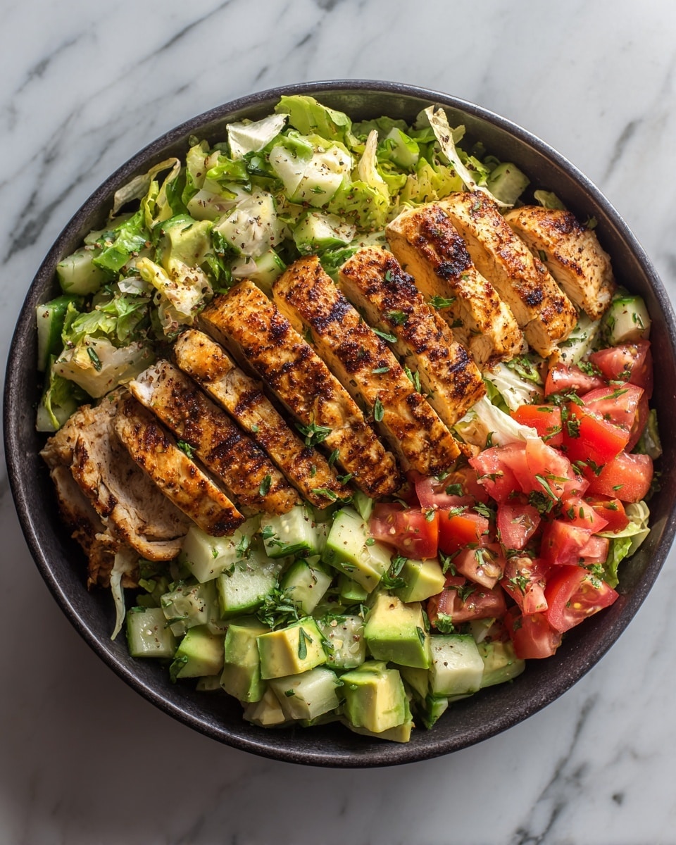 A deep, round white bowl holds a colorful salad with three main layers. The bottom layer is a mix of small diced green cucumber and bright red tomato pieces scattered around. On top of that is a layer of chunky avocado pieces with a light green creamy texture. The top layer has several grilled, sliced pieces of chicken with a golden-brown char and white inside, arranged in the center. The salad is sprinkled with small green leafy herbs, giving a fresh look. The background has a white marbled texture. photo taken with an iphone --ar 4:5 --v 7