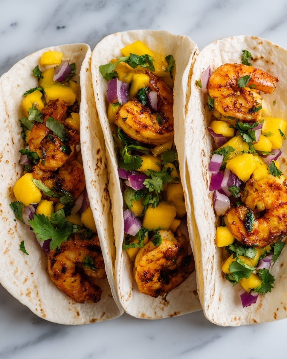 Three soft corn tortillas with light brown grill marks are arranged upright on a wooden board. Each tortilla holds grilled shrimp that are pink and lightly charred, topped with bright yellow mango cubes, small pieces of red tomato, finely chopped red onion, and green cilantro leaves, giving a fresh and colorful look. Some mango and herbs are scattered around the board. The background surface is white marble with subtle veins. photo taken with an iphone --ar 4:5 --v 7