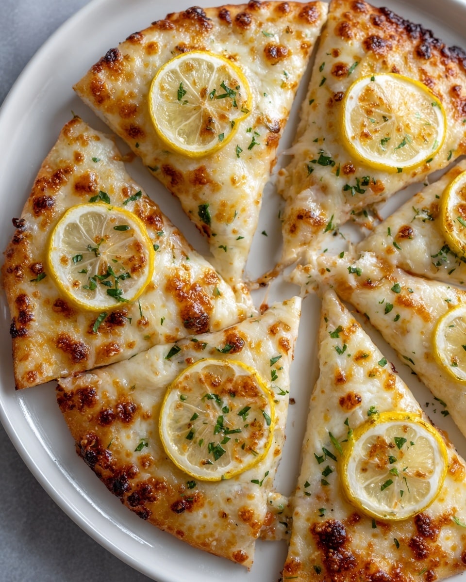 The image shows several slices of pizza arranged closely on a white plate. The pizza has a golden brown crust that looks slightly crisp and has some dark brown charred spots. On top of the crust, there is melted cheese with a creamy off-white color and slight browning in parts. Thin round slices of lemon are scattered across the pizza, giving a light yellow contrast. Fresh green chopped herbs are sprinkled evenly over the top, adding a pop of color. The white plate sits on a white marbled surface. Photo taken with an iphone --ar 4:5 --v 7