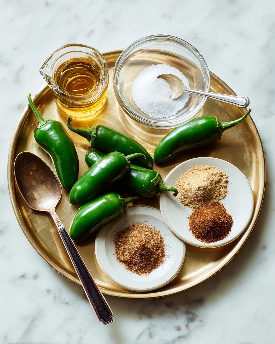 A gold tray holds several items placed on a white marbled surface. In the bottom left corner, there are seven bright green jalapeño peppers spread in a small cluster. On the top right of the tray, there's a clear glass bowl with a silver spoon resting inside. Below the bowl, a small white plate contains three mounds of spices: salt, brown spice powder, and another light brown spice powder, arranged side by side. To the top left of the tray is a small glass measuring cup with light golden oil, next to a long silver spoon with a dark handle resting diagonally along the tray's edge. photo taken with an iphone --ar 4:5 --v 7