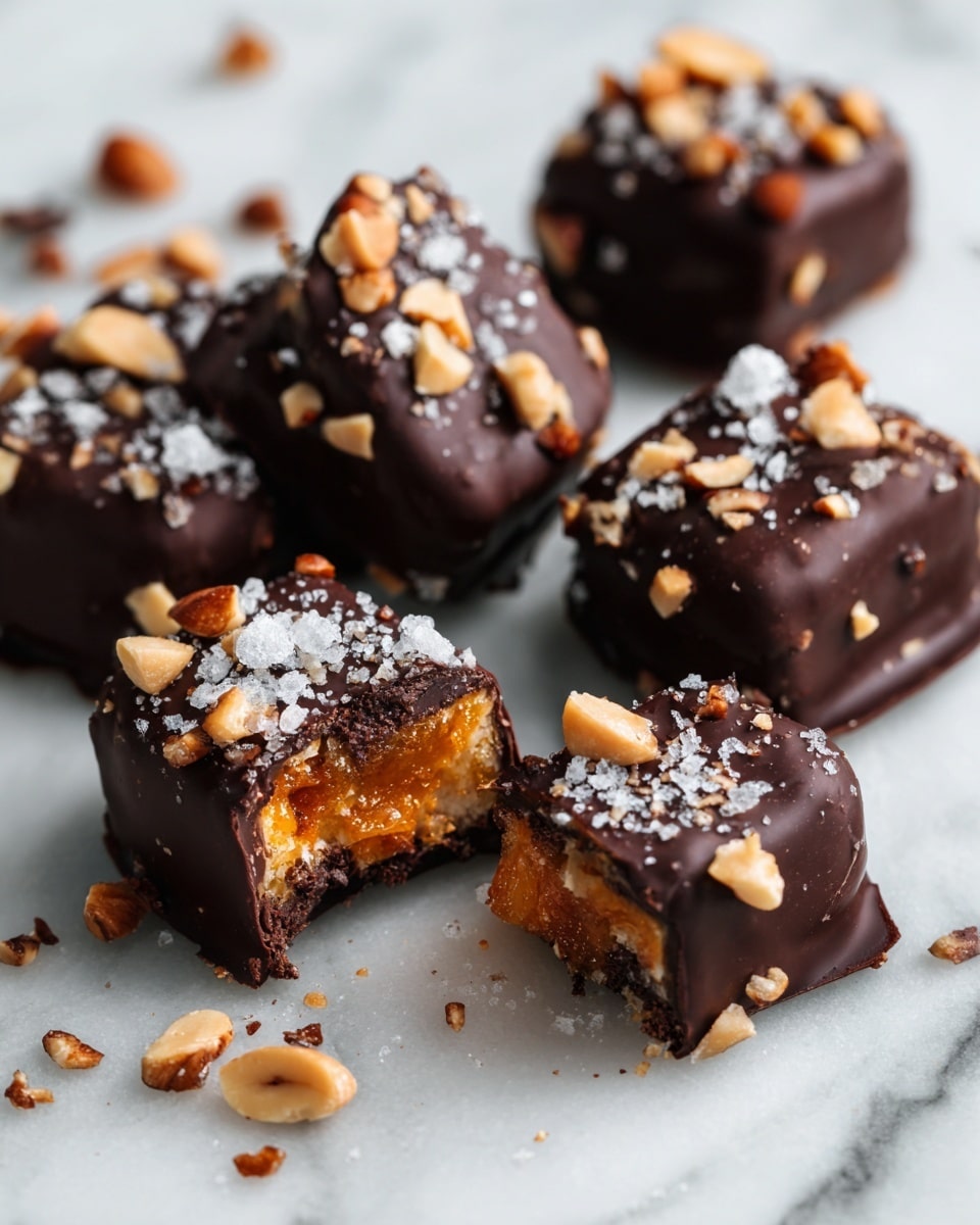 The image shows several small chocolate-covered treats on a white marbled surface. Each piece has a dark glossy chocolate layer on the outside with a rough texture from chopped nuts sprinkled on top. One treat is bitten, revealing a middle layer of creamy peanut butter with a smooth and slightly shiny texture, surrounded by a darker sticky filling, possibly dates, with a glistening appearance. Small flakes of salt are scattered over the chocolate and nuts on each piece, adding contrast and texture to the dark chocolate. Some treats are whole while others are halved, showing the layers inside clearly. Photo taken with an iphone --ar 4:5 --v 7