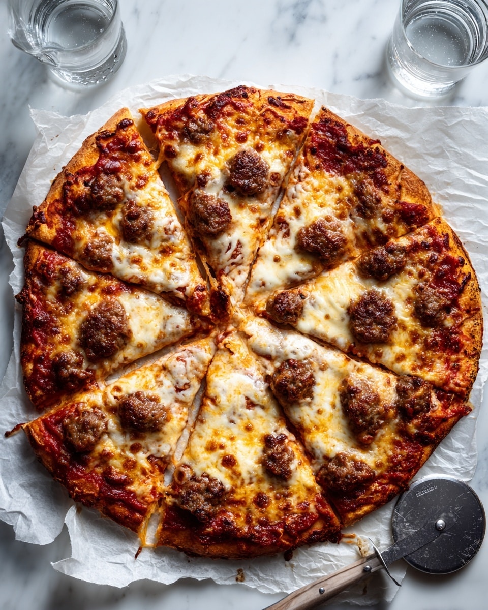 A round pizza cut into eight slices sits on crumpled white parchment paper over a white marbled surface. The crust is golden brown with some dark spots showing a crispy texture. The pizza layers from bottom to top are a light golden crust, a red tomato sauce base, melted mozzarella cheese with brown bubbly spots, topped with evenly spread pieces of browned sausage and round, dark red pepperoni slices. There is a pizza cutter with a silver wheel and wooden handle near the top right corner and two empty clear glasses with brown rims are partly visible near the top left. A white cloth with a black geometric design is partially visible at the bottom right. photo taken with an iphone --ar 4:5 --v 7