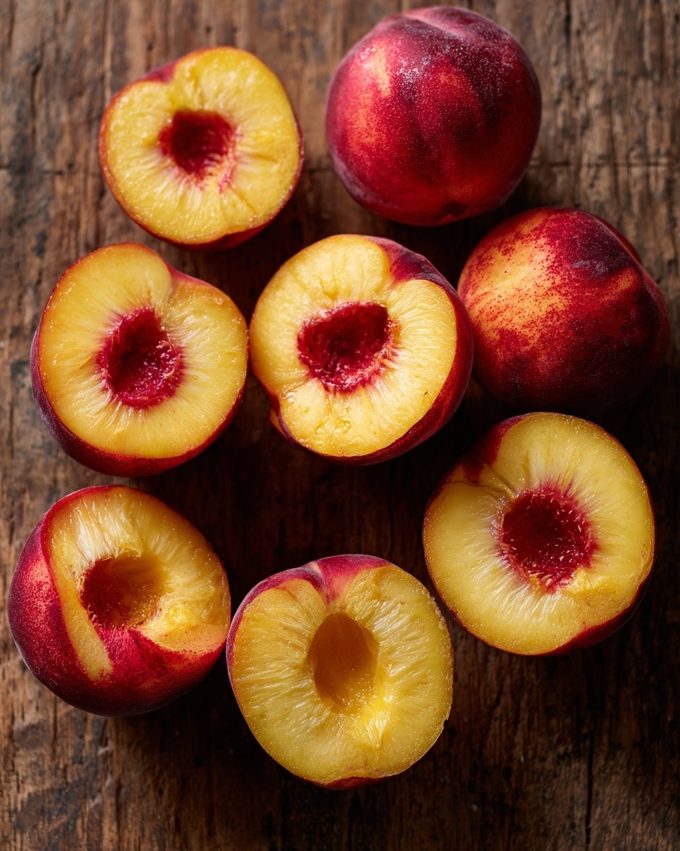 The image shows nine peach halves arranged closely together on a wooden surface, each peach with its pit removed, revealing smooth, yellow flesh with some fibrous texture inside the hollow where the pit was. The peach skin is reddish with yellow highlights, creating a warm contrast. The overall look is fresh and natural, with the wooden surface adding a rustic feel. photo taken with an iphone --ar 4:5 --v 7