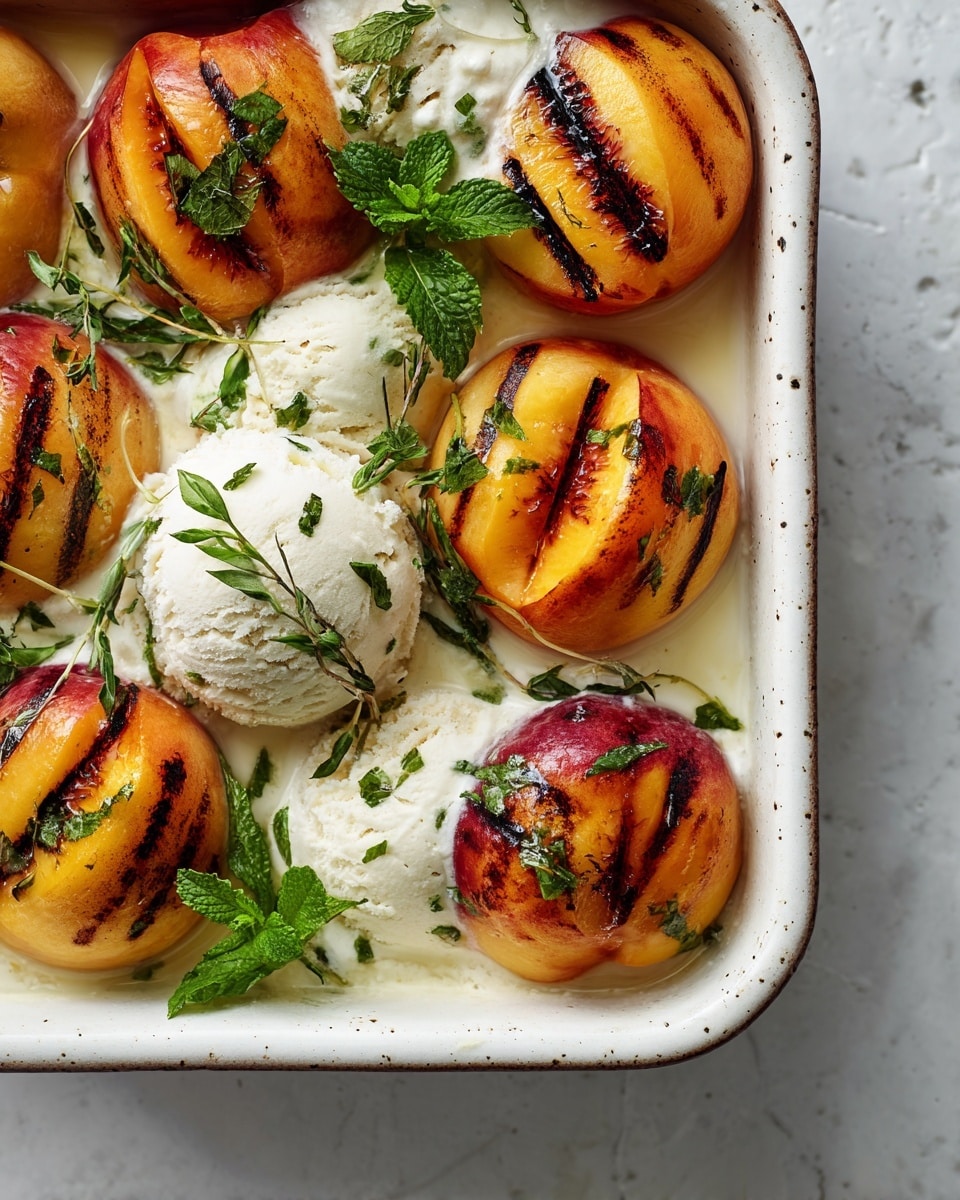 The image shows a white round pan filled with eight grilled peach halves arranged in two overlapping layers; the top layer of peach halves has a golden yellow color with visible dark grill marks and slightly caramelized edges. On top of the peach halves are four scoops of melting vanilla ice cream with visible creamy texture and tiny air bubbles, some ice cream melting and flowing over the peaches. Fresh mint leaves with bright green color are scattered among the peaches, adding a fresh contrast. The pan handle is green and the background is a white marbled surface. Photo taken with an iphone --ar 4:5 --v 7