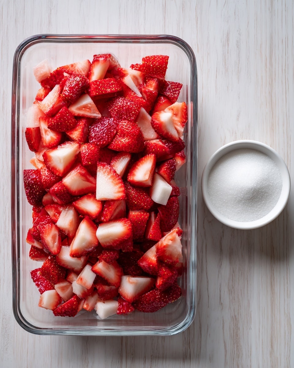 A clear rectangular glass bowl filled with chopped strawberries showing a mix of red outer skin and white inner flesh in uneven pieces, placed on a light wooden surface with a white marbled texture. Next to it, on the right side, there is a small white bowl filled with fine granulated white sugar, both items clearly separated and neatly arranged. The lighting is soft and natural, highlighting the freshness of the strawberries and the smooth texture of the sugar. Photo taken with an iphone --ar 4:5 --v 7