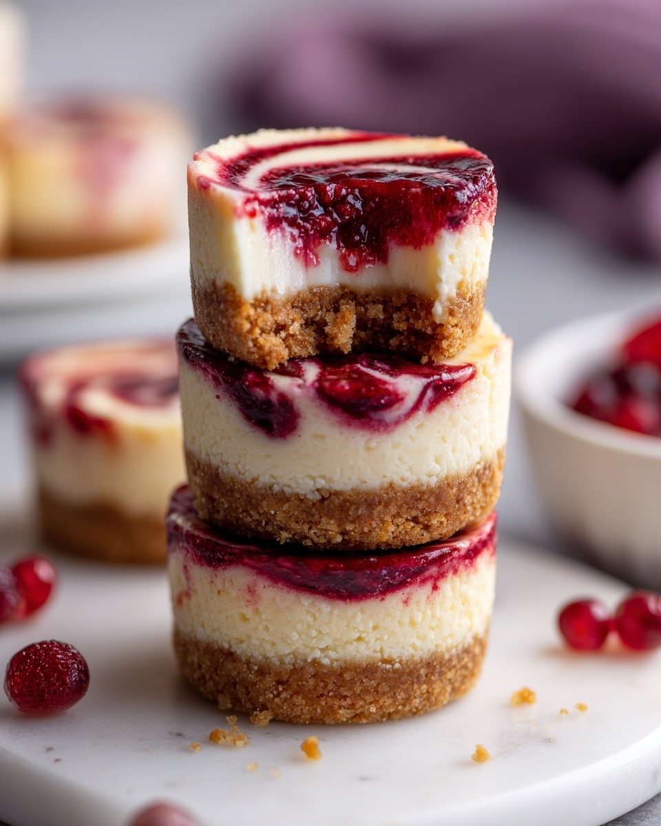 A stack of three mini cheesecakes sits on a white marbled surface, each cheesecake round and thick with three clear layers. The bottom layer is a light brown crumbly crust, textured and firm. The middle layer is thicker, a creamy off-white cheesecake filling, smooth and dense. The top layer is a glossy, deep red berry swirl pattern embedded in the cheesecake, adding a vibrant contrast. The top cheesecake has a bite taken from it, showing the juicy red berry filling mixing into the creamy layer. Around the stack are scattered red berries and blurred white plates in the background with a softer purple cloth nearby. Photo taken with an iphone --ar 4:5 --v 7