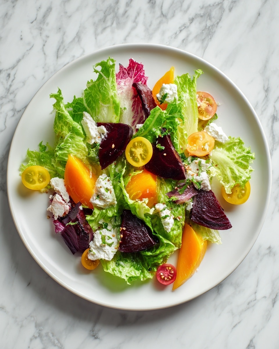 A white round plate holds a fresh salad layered with bright green leaf lettuce as the base. On top, there are thick chunks of deep purple beetroot scattered evenly. Creamy white cheese pieces are placed around and partly on the beetroot, adding contrast. There are also slices of bright orange apricot or similar fruit sitting near the top center, adding a bright pop of color. Small yellow cherry tomatoes and tiny red pomegranate seeds are sprinkled around the plate edges, enhancing the colorful mix. The plate sits on a white marbled surface, with a gray cloth and some crispbread visible at the bottom right edge of the image. photo taken with an iphone --ar 4:5 --v 7