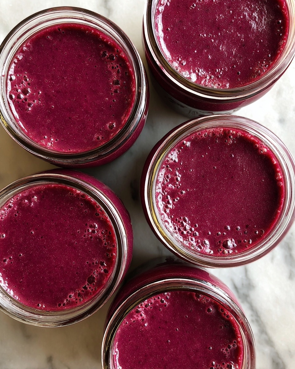 Five jars filled with a thick, smooth, deep purple smoothie are placed on a white marbled surface. Each jar shows a glossy texture on top with slight waves and reflections of light. The deep purple color is rich and even, filling the jars to the brim without any visible layers or decorations. The jars are closely grouped, with some lying partially out of the frame, creating a cozy and fresh look. photo taken with an iphone --ar 4:5 --v 7