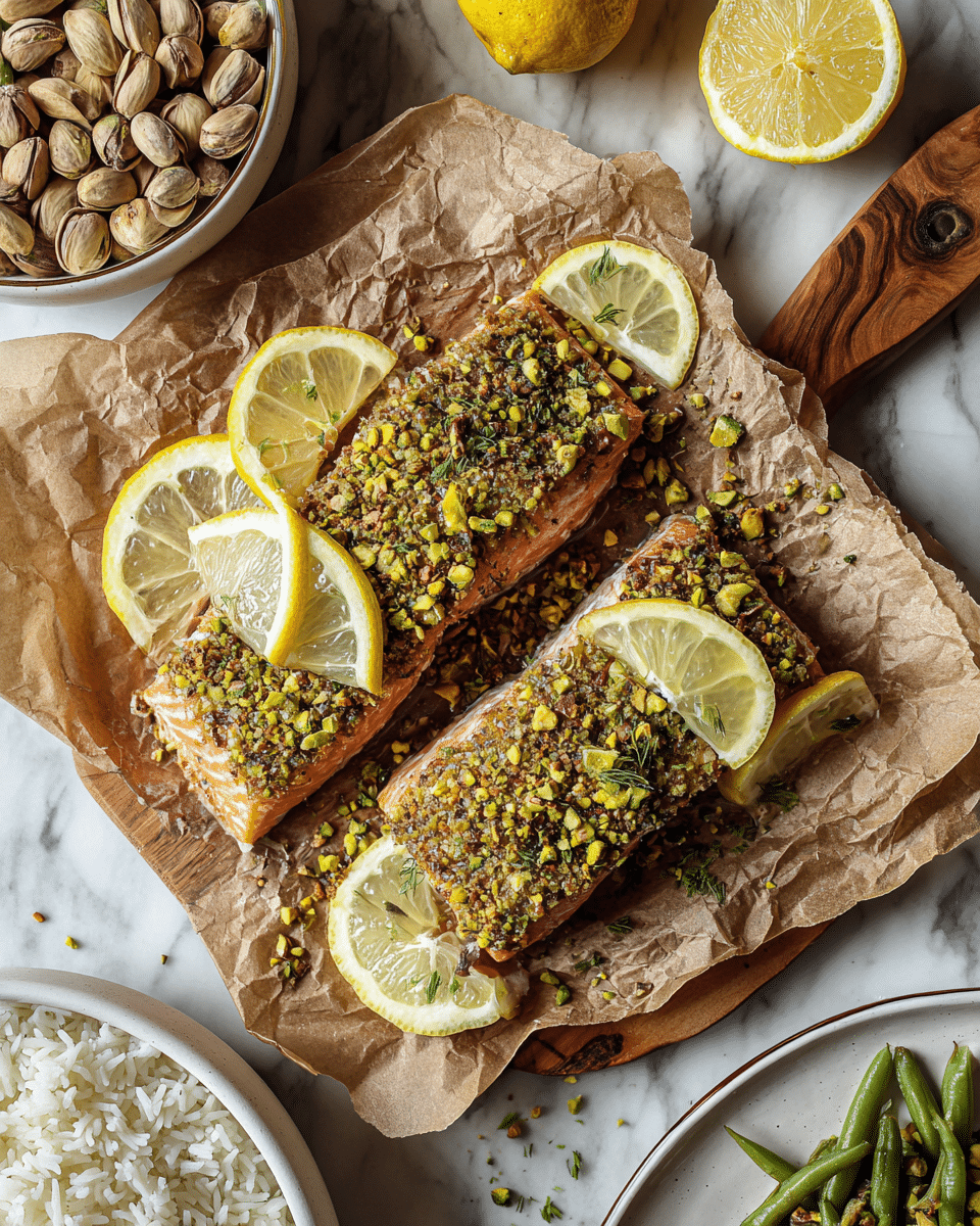 There are two main pieces of fish topped with a thick, crunchy layer of chopped pistachios that are golden brown and uneven in texture, placed on crumpled brown parchment on a wooden board with a circular hole at the top. Around the fish, there are several thin lemon wedges bright yellow with visible textures and a handful of chopped greens sprinkled over everything. Next to the fish, a small white bowl holds raw chopped pistachios in green and light brown shades. Small whole pistachio shells are scattered around the board. To the top left, a white plate holds bright green cooked green beans with some shine and light seasoning. The whole setup is on a white marbled surface. Photo taken with an iphone --ar 4:5 --v 7