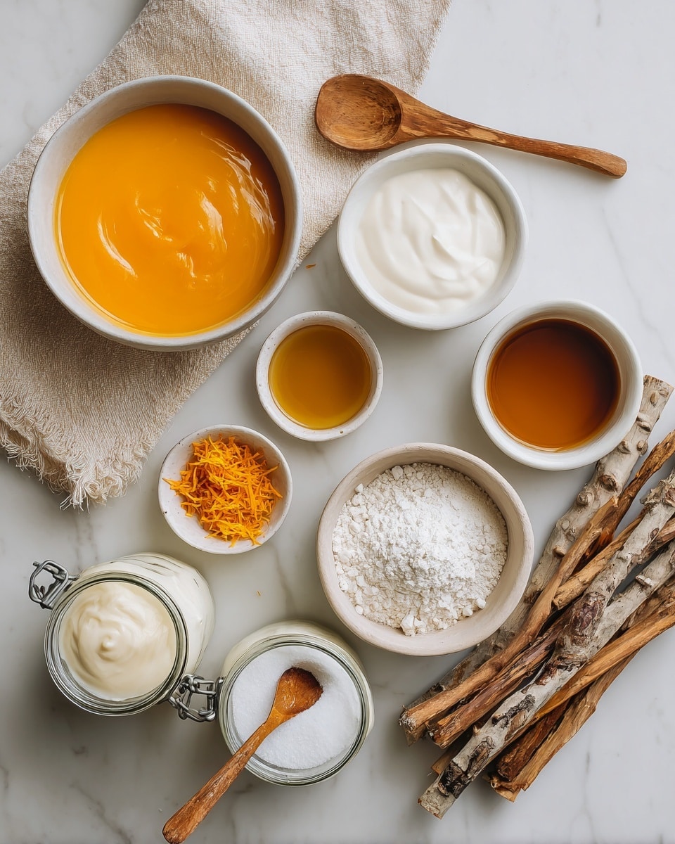 Various small white bowls and jars of ingredients are placed on a white marbled surface. In the center is a large white bowl filled with smooth, bright orange liquid. To its right is a medium white bowl with thick off-white liquid, and next to that a small white bowl with a golden brown liquid. Below the orange bowl is a white bowl with a rough white powder. To the left is a small white bowl with bright orange zest. A wooden spoon with white powder rests on a light beige towel near the top left. Two glass jars with white creamy substances are at the bottom left, one with a metal lid and wooden handle spoon. On the bottom right, several natural wooden sticks are stacked. Photo taken with an iphone --ar 4:5 --v 7