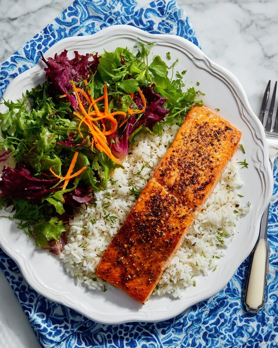 A white scalloped plate holds a meal with three main layers: at the front, a thick salmon fillet cooked to a golden brown with visible seasoning of black pepper and spices, showing a slightly crispy texture on top and a tender interior sheen; behind the salmon, a layer of fluffy white rice with some green herbs mixed in, creating a soft and granular texture; at the back, a fresh salad made of mixed leafy greens, including dark red and bright green leaves, garnished with thin orange carrot ribbons, adding color and a light crunch to the dish. The plate sits on a white marbled surface with a blue patterned cloth under it, and part of a silver fork with a white handle rests to the right of the salad. photo taken with an iphone --ar 4:5 --v 7