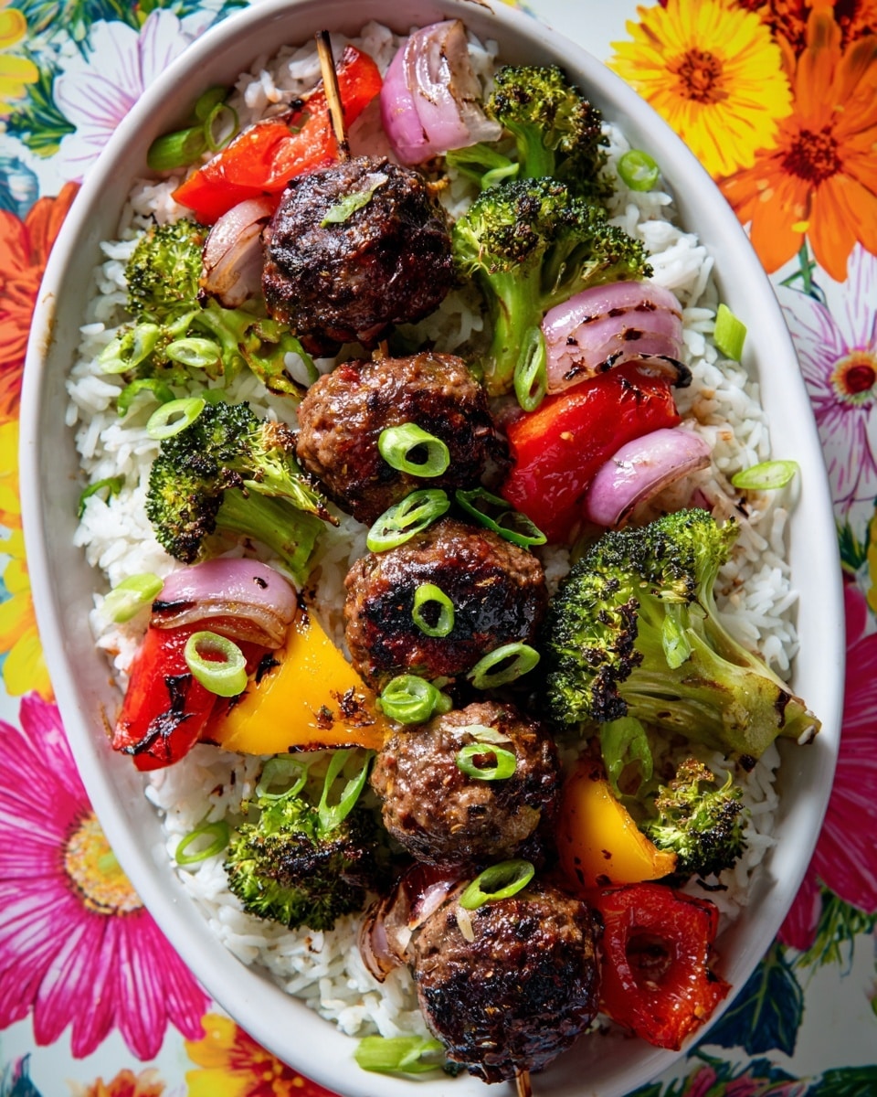 In a white oval plate filled with a bed of white rice at the bottom, there are skewers placed on top, each skewer having three dark brown grilled meatballs seasoned with small bits visible on their surface, separated by layers of bright green broccoli florets, glossy red bell pepper pieces with a slightly charred look, and pinkish red onion chunks with some grill marks. The dish is garnished with small rings of green onions scattered over the skewers and rice. The background is a colorful floral pattern with large daisies in white, pink, yellow, and orange. photo taken with an iphone --ar 4:5 --v 7