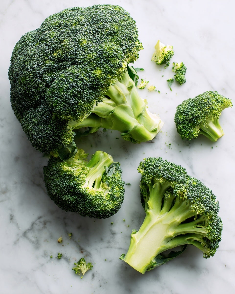 The image shows one whole broccoli head and two broccoli pieces placed on a white marbled surface. The whole broccoli head is dense and dark green with a rough, textured surface full of tiny florets. One piece has a light green thick stem visible at the bottom, branching out into smaller green stems topped by green florets. The other cut piece shows a fresh light green stem inside with florets spreading around it in a fan shape. Tiny bits of broccoli are scattered gently on the surface. The overall colors are bright green shades with a fresh and natural look, photo taken with an iphone --ar 4:5 --v 7