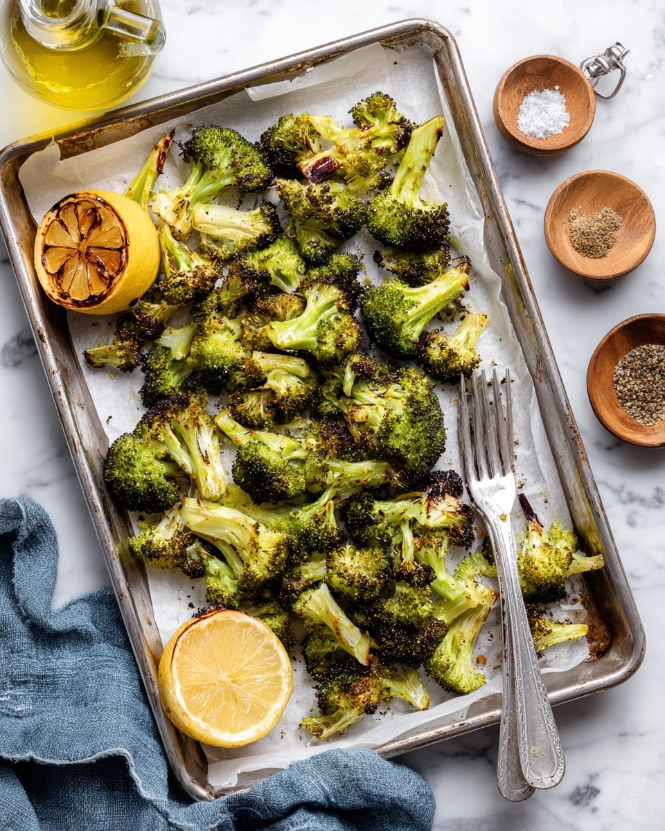 A silver baking tray lined with white paper holds about twenty small roasted broccoli pieces, each with dark green tops and slightly charred spots. Two lemon halves with a golden, grilled surface are placed on the upper left side of the tray. A vintage silver fork rests on the right side of the tray, among the broccoli pieces. The tray is set on a white marbled surface surrounded by small bowls: one with bright orange sauce at the bottom left, one with salt and a small wooden spoon, another with red chili flakes in a wooden bowl near the top right, and a glass bottle of olive oil near the top left. A wooden pepper grinder sits on the upper right corner. Photo taken with an iphone --ar 4:5 --v 7