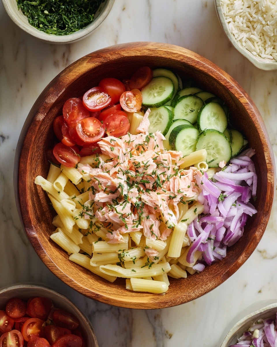 The dish is a fresh pasta salad served in a large wooden bowl. The base layer consists of white penne pasta scattered throughout. On top of the pasta are bright red cherry tomato halves, light green cucumber slices, and thin pieces of light purple onion. Small chunks of tender pink salmon are mixed in, adding a soft texture. The salad is sprinkled with finely chopped fresh green herbs, likely dill, giving a fresh, leafy detail on top. The overall look is colorful and fresh with a mix of smooth, crunchy, and soft textures. The background features a white marbled surface with little bowls of herbs and rice out of focus. Photo taken with an iphone --ar 4:5 --v 7