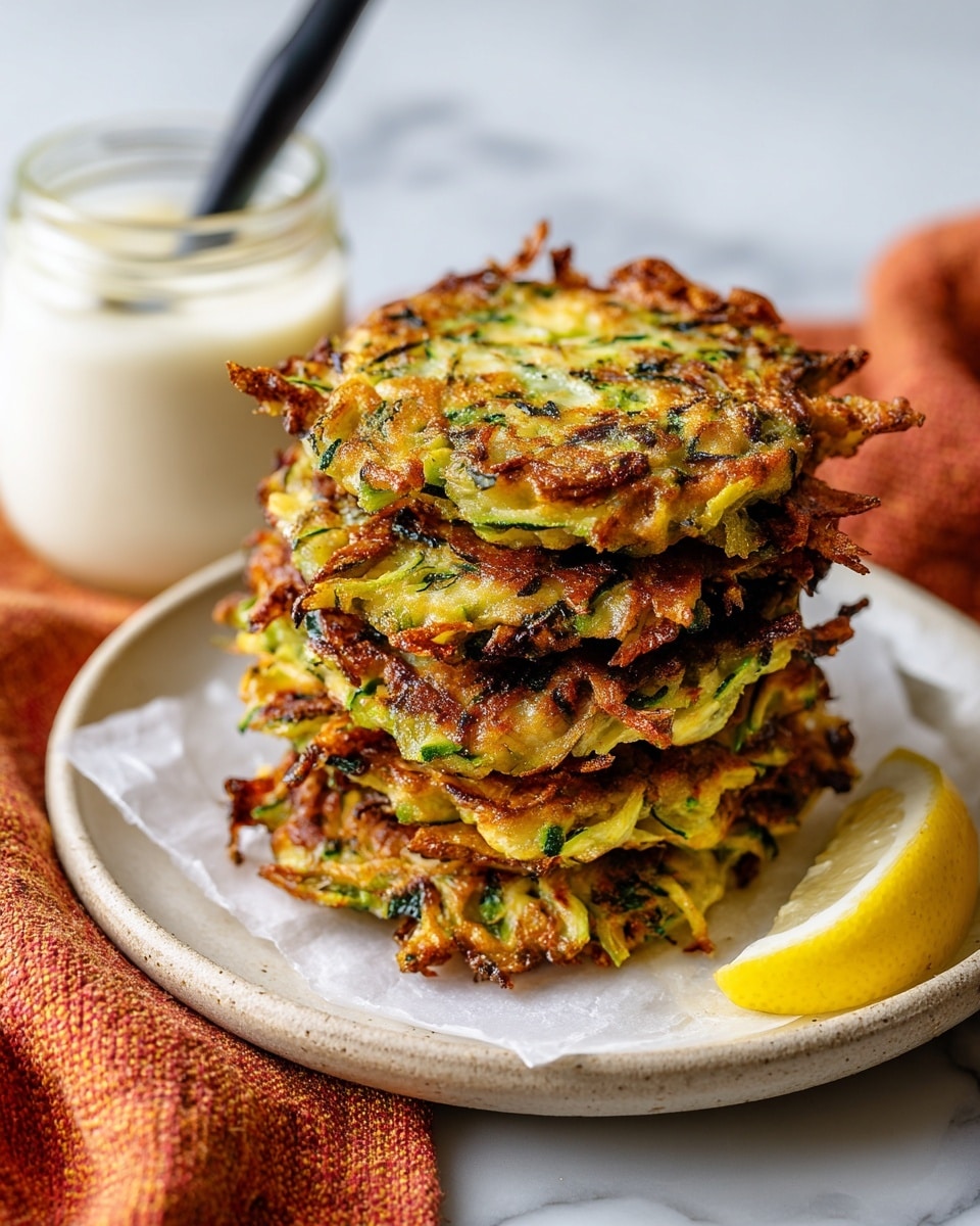 A stack of four golden-brown zucchini fritters with green zucchini pieces visible throughout each crispy layer, placed on a white plate lined with a piece of white paper. The fritters have a rough, crunchy texture and are stacked high in the center of the plate. There is a lemon wedge leaning on the right side of the plate. In the background, there is a glass jar of white creamy sauce with a black spoon inside, and two lemon halves with a fresh, bright yellow color. The setting is on a white marbled surface with a folded orange cloth on the left side. Photo taken with an iphone --ar 4:5 --v 7