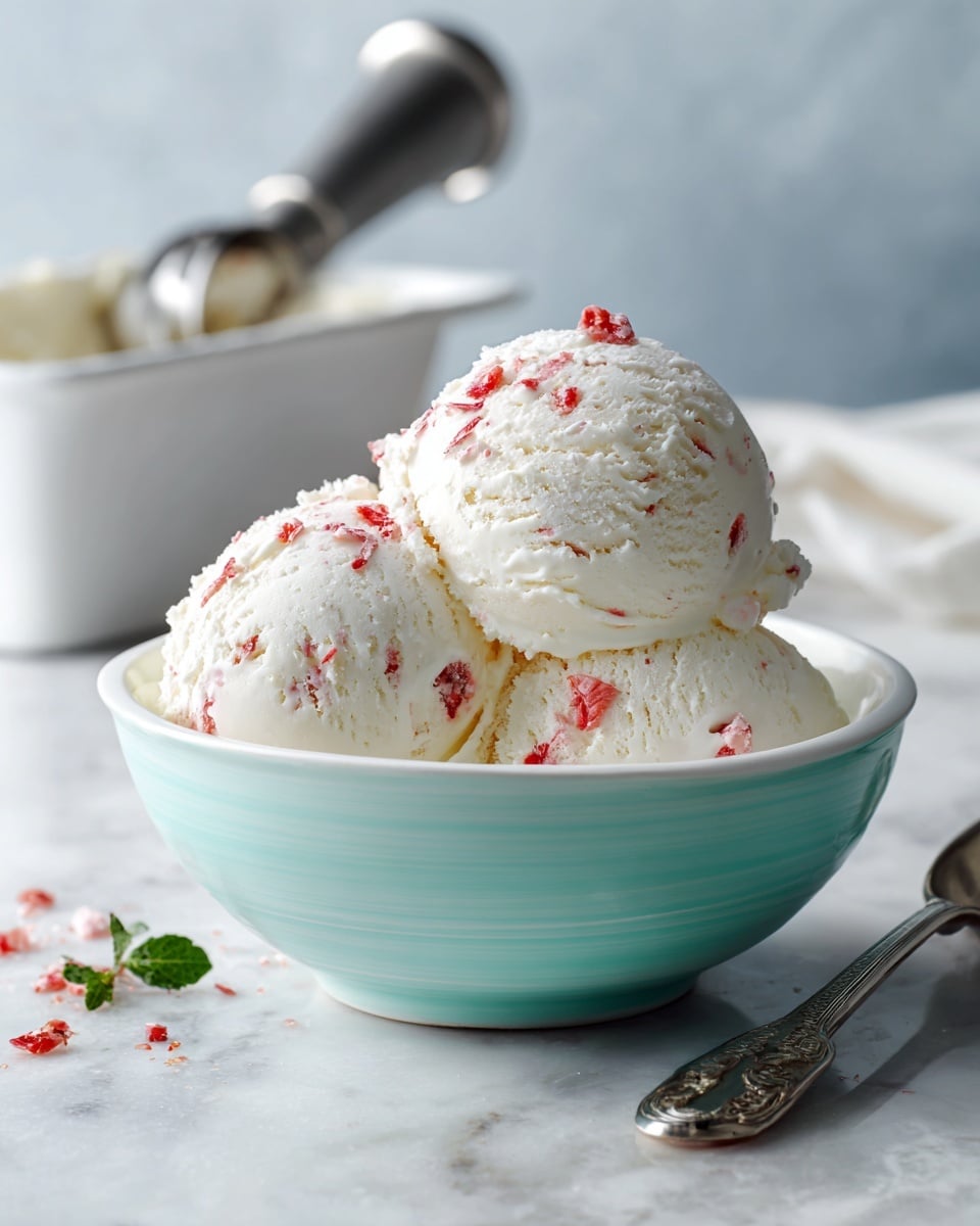 In a small white bowl, there are two scoops of white ice cream with a smooth, creamy texture. Bright red chopped strawberries are scattered on top and around the ice cream, adding a fresh, juicy contrast. The bowl sits on a white marbled surface, and a shiny silver spoon lies next to it, catching soft light. In the background, there is a blurry tray with more ice cream and a metal scoop. Photo taken with an iphone --ar 4:5 --v 7
