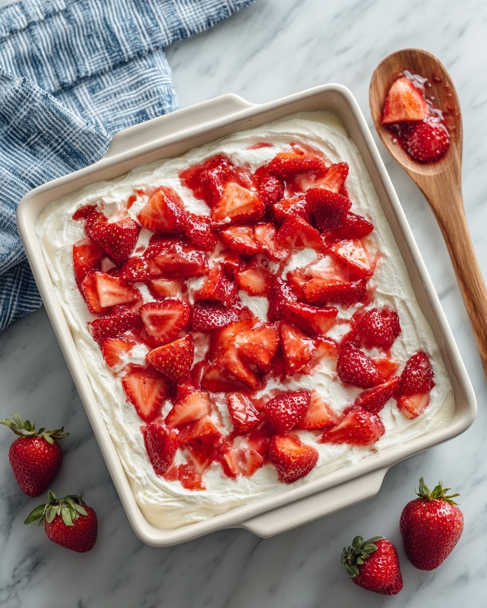 A white square dish is filled with a dessert that has two layers. The bottom layer is a smooth creamy white base, and the top layer is covered with many fresh strawberry slices. The strawberries are bright red with some seeds visible and are spread evenly over the creamy surface. The dish is set on a white marbled table with a blue and white striped cloth nearby. A wooden spoon with some cream residue sits next to the dish. Photo taken with an iphone --ar 4:5 --v 7