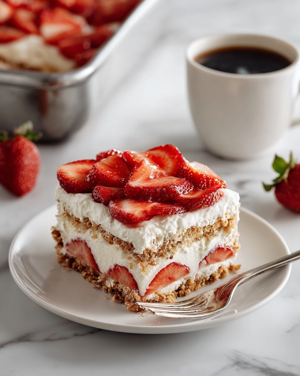 A square slice of strawberry layered dessert sits on a white plate with a silver fork beside it. The dessert has four visible layers: three light brown crumb layers alternating with three creamy white layers that have fresh sliced strawberries embedded inside them. On top, the dessert is covered with a thick layer of cream and a generous pile of bright red strawberry slices. In the background on a white marbled surface, there is a metal baking pan with more of the dessert and a white cup of coffee. Photo taken with an iphone --ar 4:5 --v 7