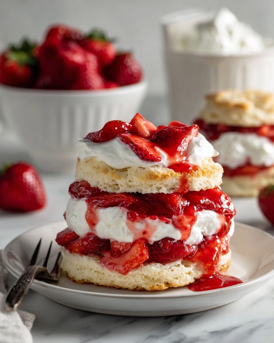 The image shows a three-layer strawberry shortcake on a white plate with a white marbled background. The bottom layer is a thick, golden-brown biscuit with a crumbly texture. On top of this is a layer of fresh, bright red strawberry pieces mixed with thick white whipped cream that looks soft and fluffy. Above this is another layer of whipped cream and strawberry pieces, with some juice dripping slightly down the sides. The top layer is a golden biscuit, slightly tilted, showing the layers underneath clearly. A white bowl with more strawberries and a peach bowl with whipped cream are blurred in the background. Photo taken with an iphone --ar 4:5 --v 7