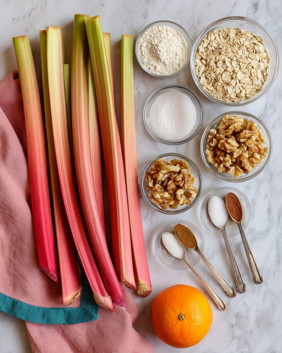 The image shows a bunch of fresh, long, pink and light green rhubarb stalks piled on the left side over a white marbled surface. To the right of the rhubarb, there are six clear glass bowls arranged in two vertical columns. The top left bowl holds white flour, below it is a bowl with rolled oats. The middle top bowl contains a crumbly beige mixture, likely butter and sugar combined, and below it is a bowl of white sugar crystals. The top right bowl is filled with chopped walnuts, and just under it are three small silver measuring spoons with brown spices. At the bottom right of the layout, there is a bright orange fruit, most likely an orange. A neatly folded pink cloth with teal edges is partially placed under the rhubarb on the left side. Everything rests on a white marbled surface that fills the background photo taken with an iphone --ar 4:5 --v 7