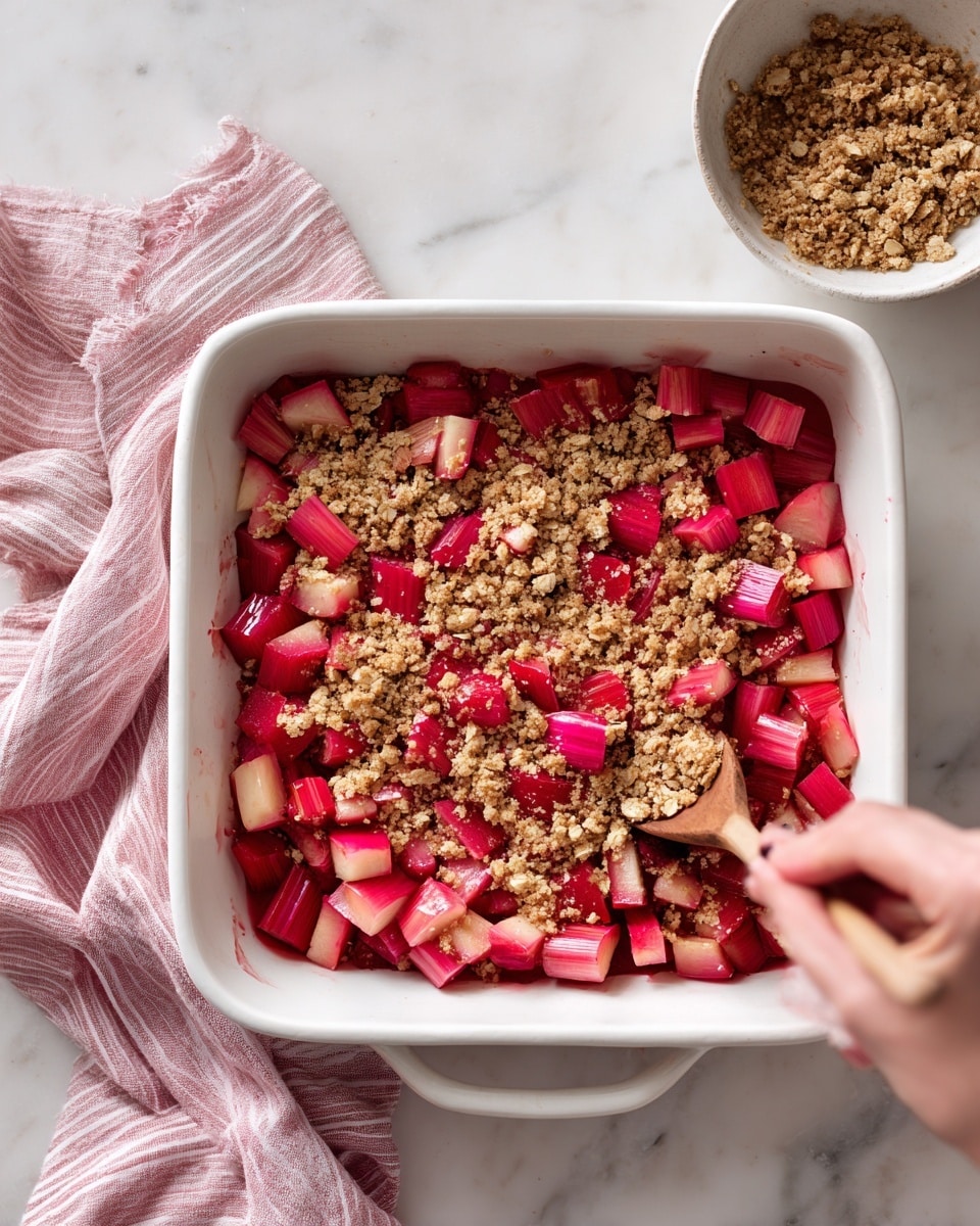 The image shows a white square baking dish filled with chopped rhubarb pieces at the bottom layer, displaying vibrant pink and light green colors. On top, a woman's hand is spreading a crumbly oat and brown sugar mixture, which has a rough texture with visible oats. The dish is placed on a white marbled surface. To the right, there is a clear glass bowl with white sugar and cinnamon, and to the bottom left, a white bowl contains more of the crumbly oat mixture. A pink and white striped cloth is partially visible on the upper left side of the image. photo taken with an iphone --ar 4:5 --v 7