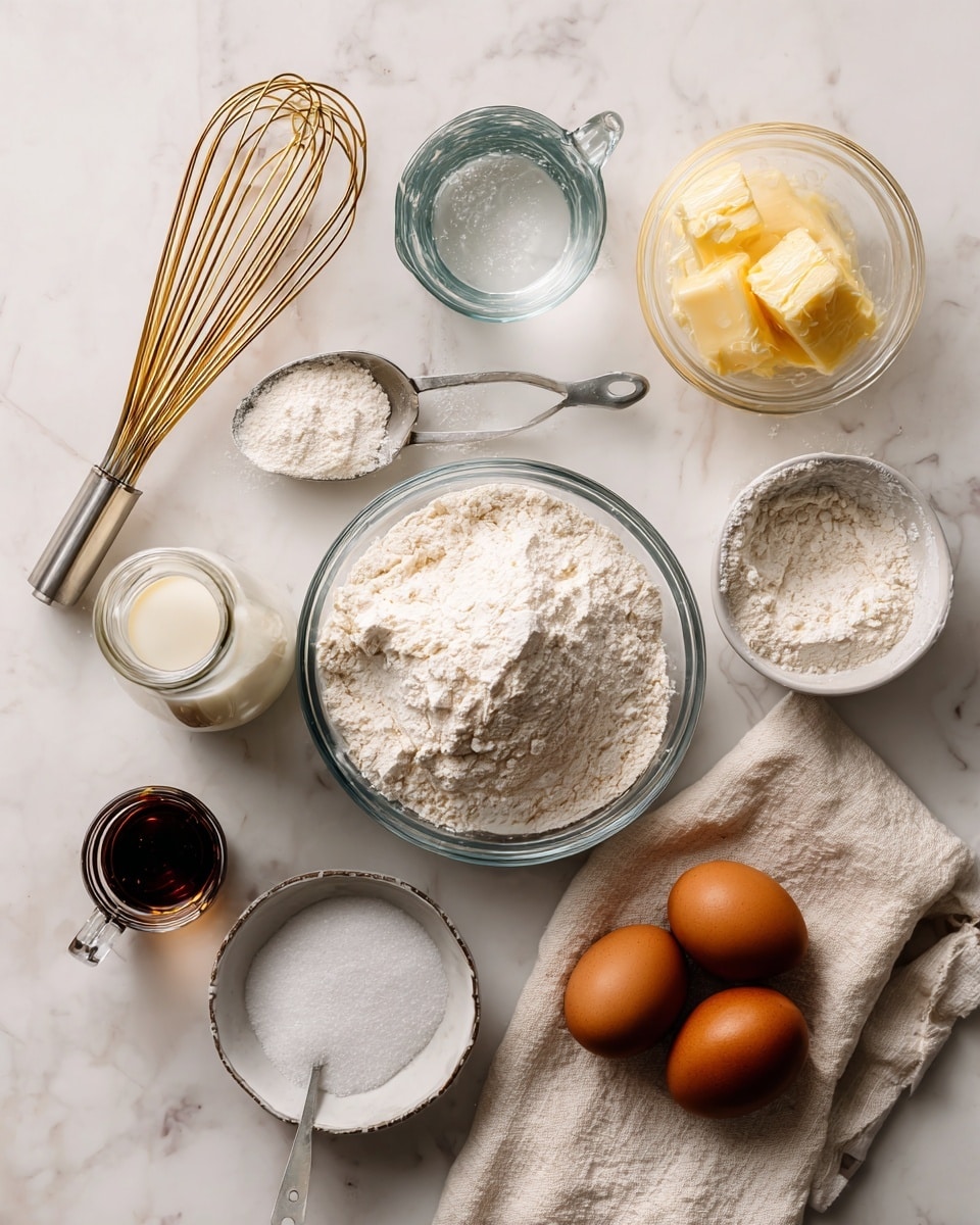 A top view of several baking ingredients placed on a white marbled surface. There is a clear glass mixing bowl with a golden whisk inside at the top left. To its right is a clear glass measuring cup filled with water. Below the bowl is a small clear glass bowl with melted butter. In the middle, there is a small glass bottle filled with milk, a metal scoop filled with white flour, and a small bottle of dark vanilla extract. At the bottom center is a small white bowl with white salt, and to the right are two brown eggs resting on a light beige cloth. Near the top right, there is a small clear bowl with dry yeast. photo taken with an iphone --ar 4:5 --v 7