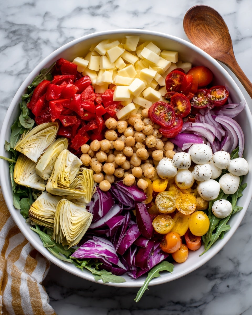 A white bowl filled with a colorful layered salad resting on a white marbled surface. The bottom layer is green arugula leaves spread around the bowl. On top, leaving sections from left to right, there are purple onion slices, cubed light yellow cheese, roasted red pepper strips, light brown chickpeas, bright red and yellow cherry tomato halves, small white mozzarella balls sprinkled with herbs, chopped yellow pepper pieces, purple radicchio leaves, two pieces of artichoke hearts, and a cluster of green olives placed in the center. The vegetables and cheese are arranged in neat sections with vibrant colors and different textures, creating a fresh and healthy look. A wooden spoon and a woman's hand holding the bowl are partly visible at the bottom of the image photo taken with an iphone --ar 4:5 --v 7