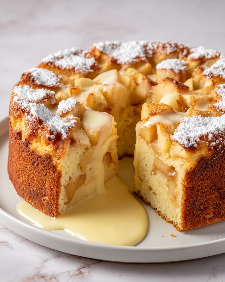 A round cake with a golden-brown crust and soft, light yellow inside filled with pieces of baked apple. The top of the cake is sprinkled with white powdered sugar, giving it a slightly rough texture. A slice is cut out and placed near the cake center, showing the thick, airy layer of soft cake full of apple chunks. Creamy light yellow sauce is dripping down from the top of the slice onto the plate. The cake is on a white plate, and the whole scene is on a white marbled surface. Photo taken with an iphone --ar 4:5 --v 7