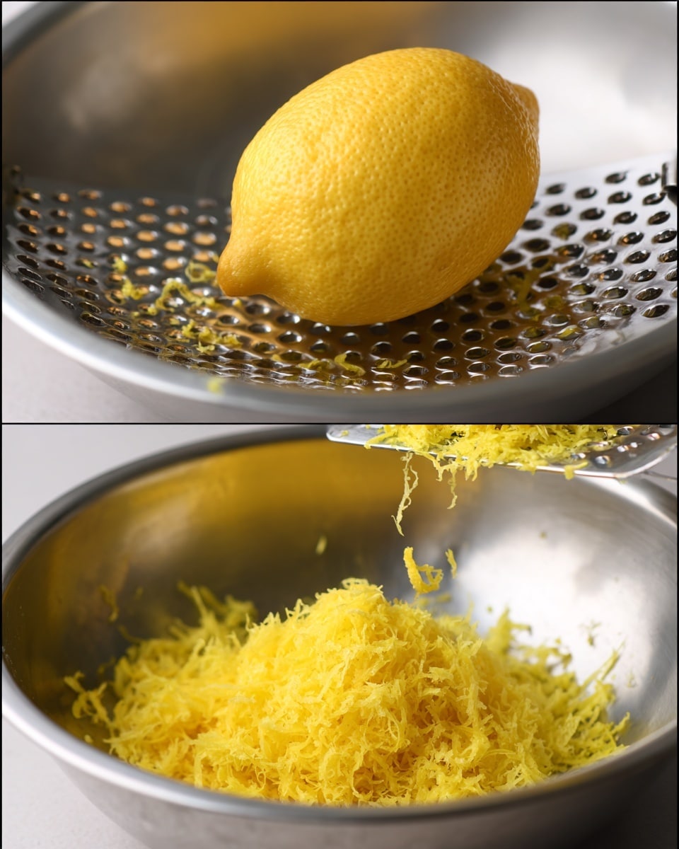 The image shows two views of a bright yellow lemon being zested over a shiny stainless steel bowl. In the first view, the whole lemon rests on a metal grater that is held above the bowl. The lemon's textured skin contrasts with the small holes of the flat grater. In the second view, the grater is angled so freshly grated lemon zest piles up on top and inside the bowl beneath it. The zest looks fluffy and finely shredded, with vivid yellow color and a soft, moist texture. The background is simple, focusing the eye on the zesting process. Photo taken with an iphone --ar 4:5 --v 7