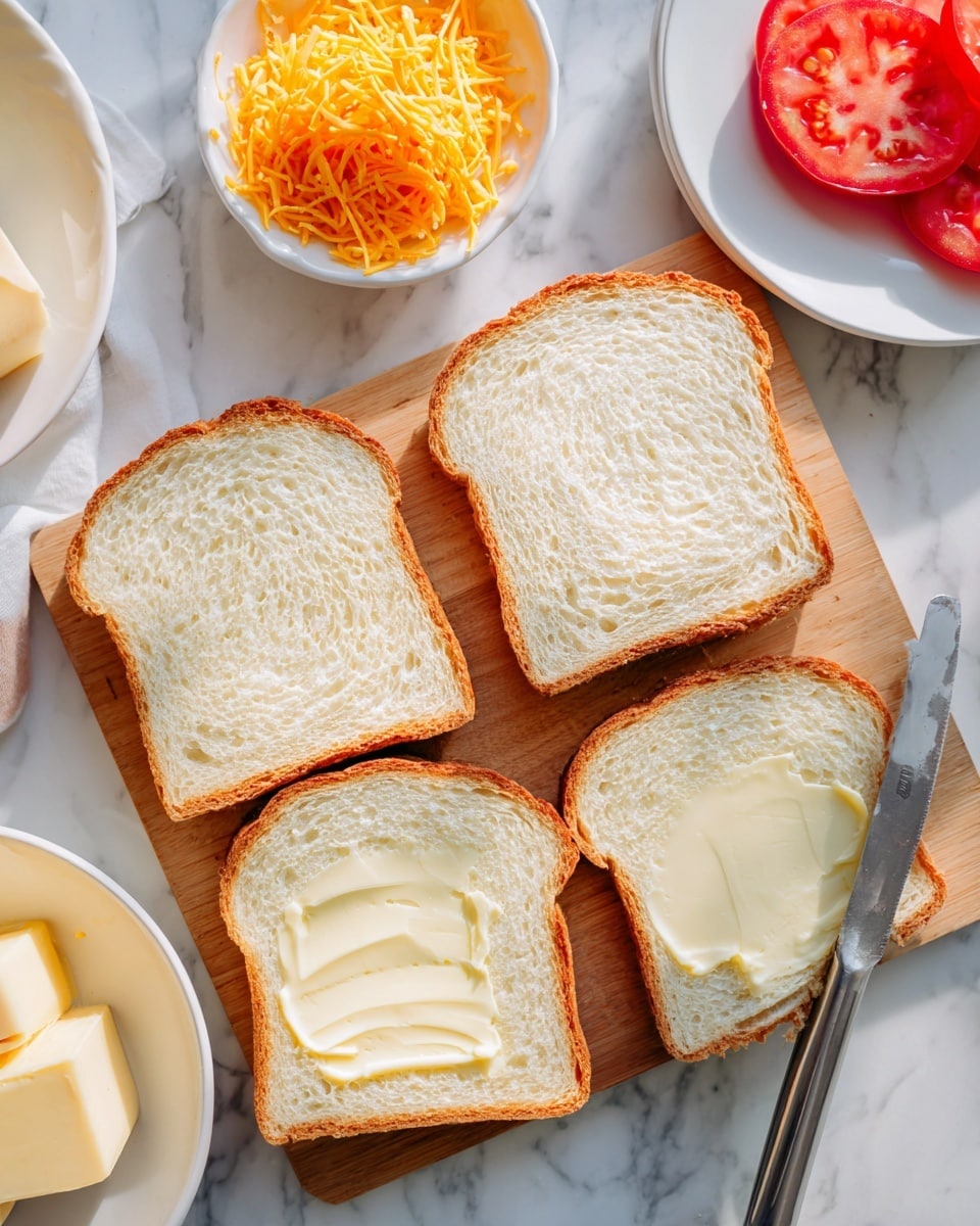 A grilled sandwich is cut in half and placed on a white plate with a white marbled background. The sandwich has two toasted golden brown bread slices with a crispy texture, each sprinkled with small green herb bits on top. Inside, there is a layer of melted white cheese that oozes out slightly, covering a layer of pinkish-red slices of tomato. To the side of the sandwich, there is a small white bowl filled with red ketchup sauce. Next to the bowl, there is a small pile of fresh green leafy salad with mixed shades of bright and dark green. The overall composition is clean and bright, showing a close and clear view of the meal. Photo taken with an iphone --ar 4:5 --v 7