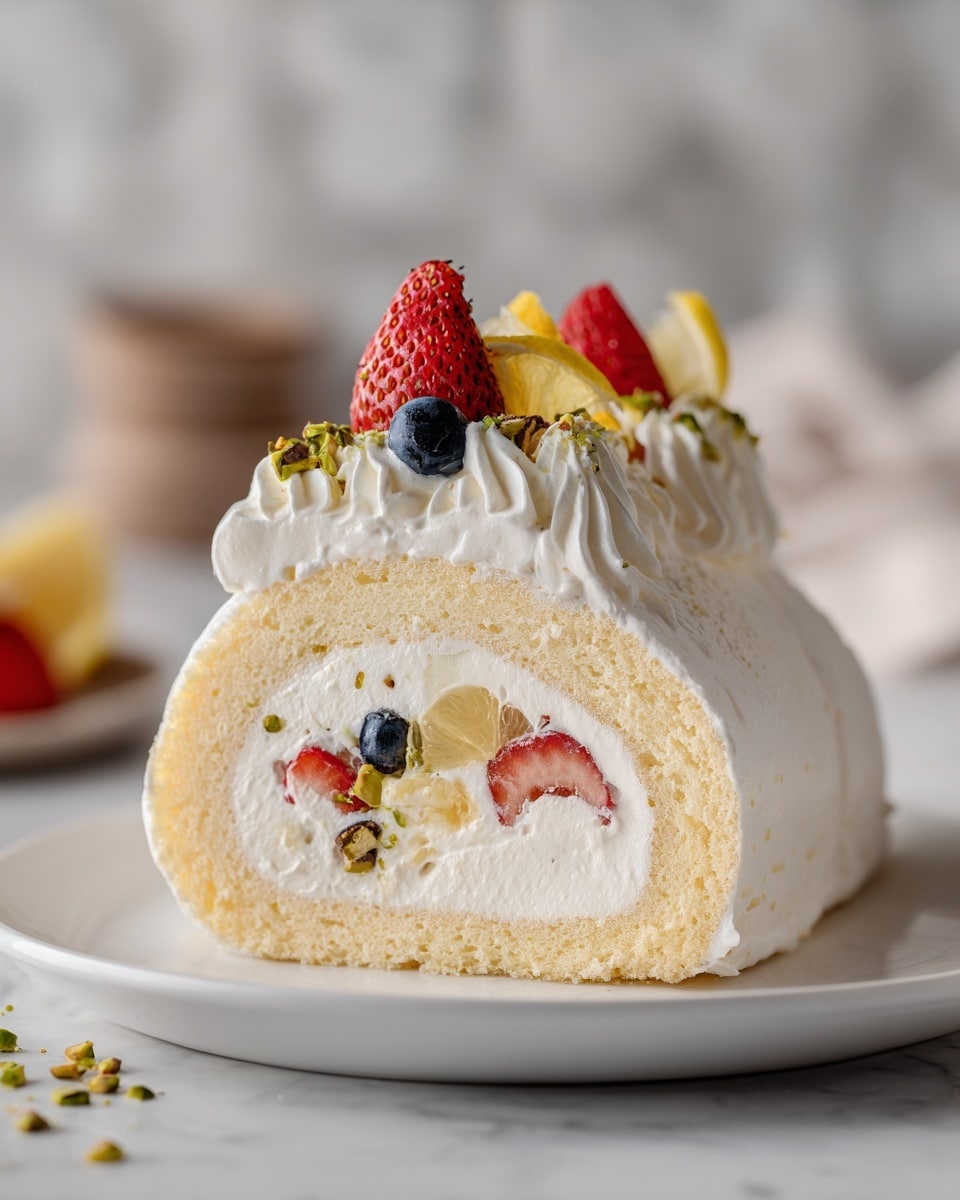 A meringue roll dessert sits on a white oval plate on a white marbled surface. The roll has two visible layers: a light, crispy-looking meringue outer layer and a creamy white filling swirled with a red fruit jam inside. The top of the roll is decorated with dollops of white whipped cream and a mix of fresh berries including whole blueberries, raspberries, and halved strawberries, along with thin lemon slices. Chopped nuts, likely pistachios, are sprinkled over the whipped cream and fruit, adding green and brown specks. Surrounding the plate are small bowls of blueberries, strawberries, and chopped pistachios, with strawberries and lemon slices scattered around the plate edges. Photo taken with an iphone --ar 4:5 --v 7