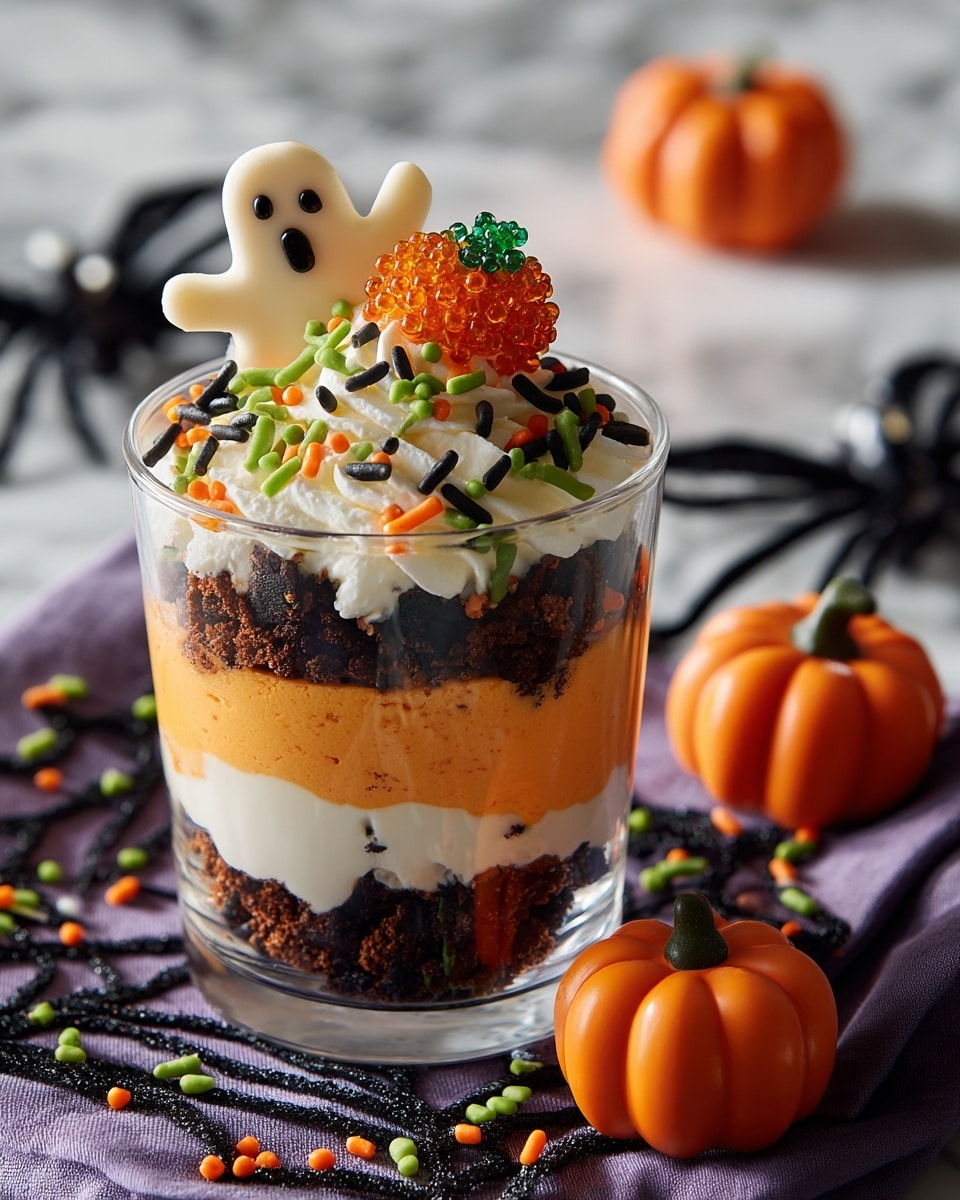 The dessert has four clear layers in a transparent cup: the bottom layer is dark crumbly cookie, then a smooth white layer, followed by another dark cookie layer, and a bright orange creamy layer on top. It is topped with white whipped cream that has black, orange, and green sprinkles of various shapes, including small balls and lines. A white ghost-shaped cookie with brown eyes and mouth stands upright in the whipped cream, and next to it is a small pumpkin decoration made of tiny orange and green beads with black eyes, nose, and mouth. More pumpkin decorations and Halloween-themed sprinkles are scattered around the cup on a black spiderweb design over a purple cloth, all on a white marbled surface. Photo taken with an iphone --ar 4:5 --v 7