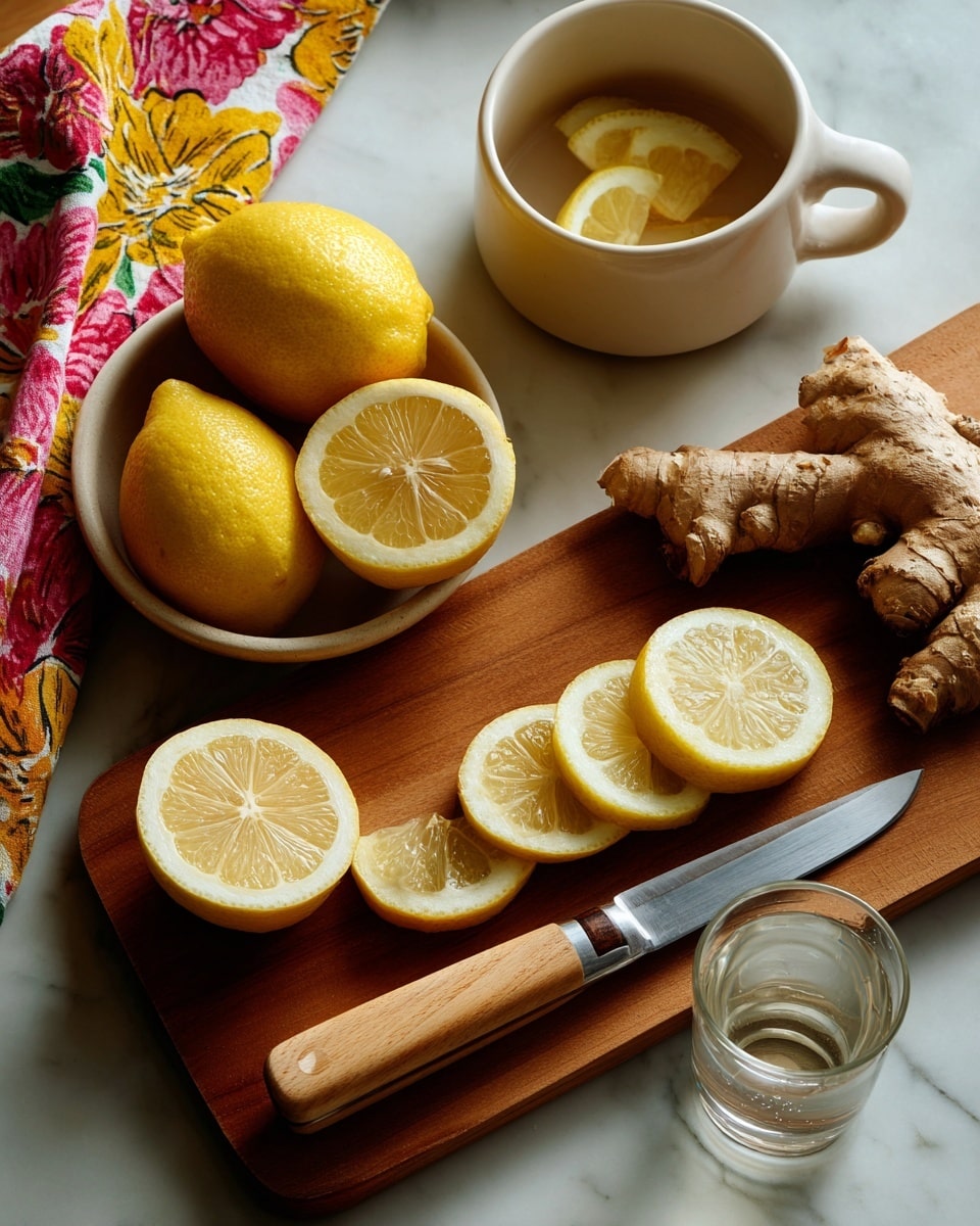 The image shows a wooden cutting board on a white marbled surface with a whole lemon and five thin lemon slices arranged in a line, next to a knife with a silver blade and light brown handle placed horizontally. Nearby, there is a white pan with a light brown wooden handle, a clear glass cup without a drink inside, and a small white bowl filled with three thin slices of ginger root. A colorful cloth with yellow, pink, and orange patterns is partly visible on the bottom left side. Photo taken with an iphone --ar 4:5 --v 7