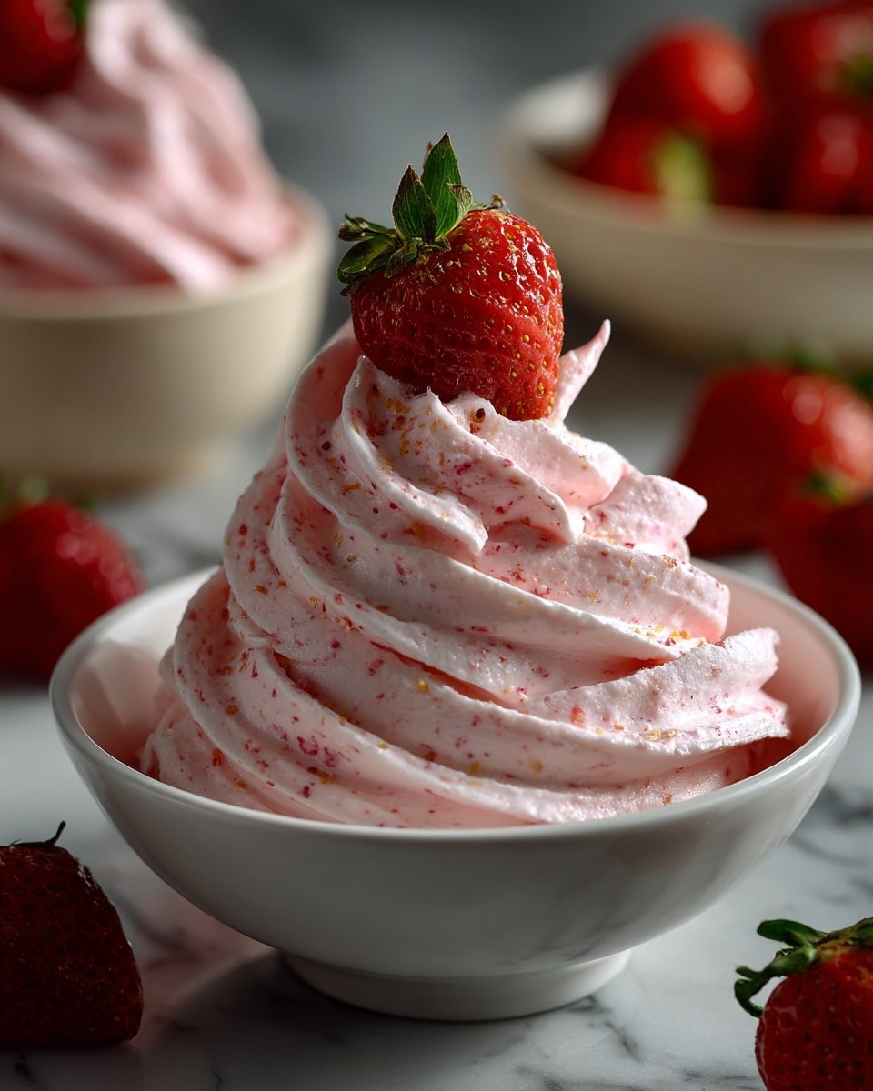 A white fluted bowl holds a single serving of light pink whipped cream swirled in multiple soft, thick layers with tiny specks visible throughout, giving it a smooth and fluffy texture. On top, a fresh bright red strawberry with small seeds and a green leafy cap sits firmly as a garnish. The bowl is set on a white marbled surface with a soft focus background where part of another similar bowl and some strawberries are blurred out. Photo taken with an iphone --ar 4:5 --v 7