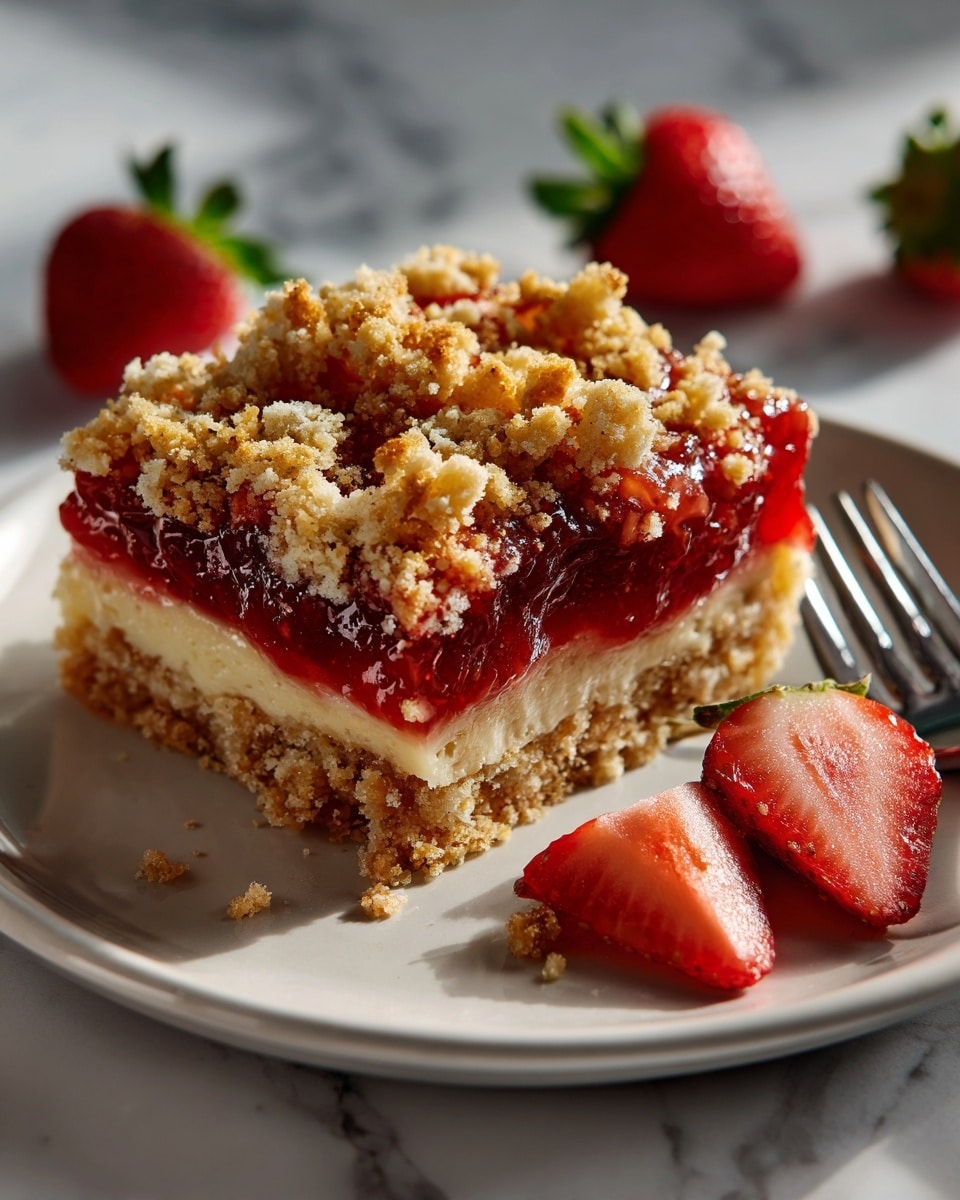 The image shows a square piece of dessert with three clear layers on a white plate. The bottom layer is thick and crumbly with a light golden color, resembling a cookie or cake base. The middle layer is a bright red jam that looks shiny and sticky, with bits of fruit visible in it. The top layer is crumbly and uneven, made of golden brown clusters that add texture. Two pieces of strawberries, one whole and one sliced, are on the white marbled surface near the plate. On the right side of the plate, there is a small silver fork placed at an angle. The photo has soft lighting and a clear focus, creating a fresh and inviting look. photo taken with an iphone --ar 4:5 --v 7