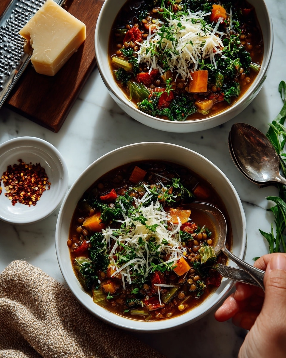 Two white speckled bowls are filled with a colorful vegetable and lentil soup, showing about three main layers. The bottom layer is a brownish broth with green lentils scattered throughout. Above this, there are chunks of orange carrot, bright red tomato pieces, and bits of dark green kale and celery. The top layer consists of finely grated white cheese sprinkled in the center of each bowl. Near the bowls, there is a yellow cloth, a spoon with a wooden handle, a small dish with red chili flakes on the white marbled surface, and a block of cheese with a grater. Photo taken with an iphone --ar 4:5 --v 7