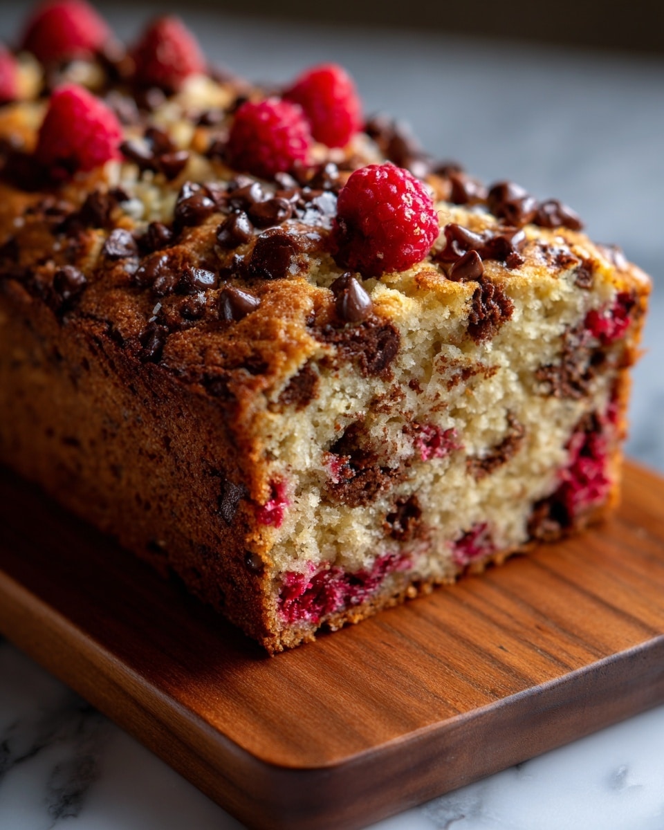 The image shows a close-up of two thick slices of cake-like bread stacked on a wooden board. The bread has a light brown crust with a rough texture and is filled with dark brown chocolate chips and small red berries scattered on the top and inside the slices. The inside of the bread is light beige with a soft and slightly crumbly texture, dotted evenly with chocolate chips and red berry pieces. The top layer appears cracked and more textured, showing the chocolate and berries embedded in the surface. The background is a white marbled texture. photo taken with an iphone --ar 4:5 --v 7