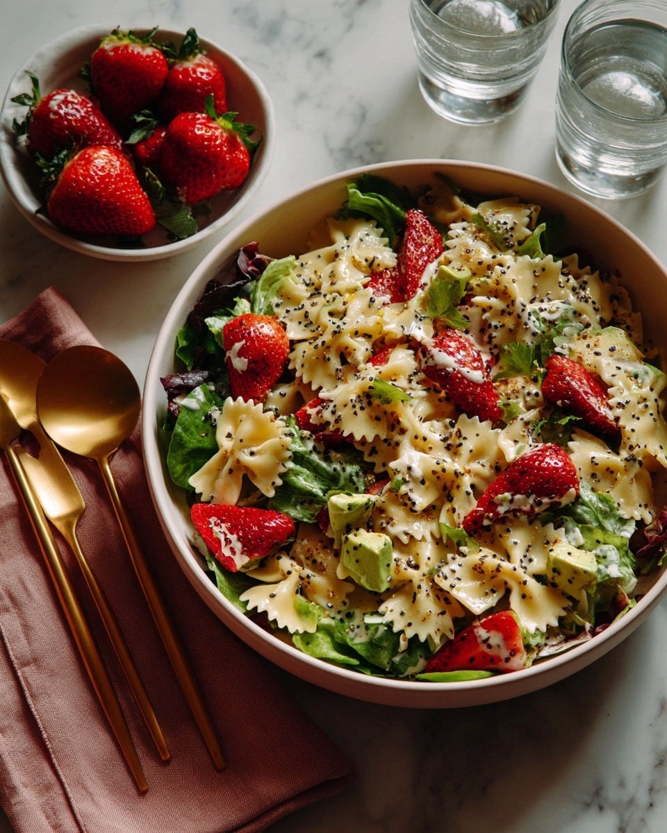 A large white bowl filled with a pasta salad made of many layers: light beige bowtie pasta, bright red sliced strawberries, green leafy lettuce, and small light green avocado pieces. The salad is mixed with a creamy white dressing that has small black poppy seeds sprinkled all over. Next to the salad, a small white bowl holds fresh whole red strawberries with green stems. On the side, there is a soft pink cloth napkin with three golden spoons resting on it. Two clear glasses with iced water stand behind the bowl, all on a white marbled surface. photo taken with an iphone --ar 4:5 --v 7