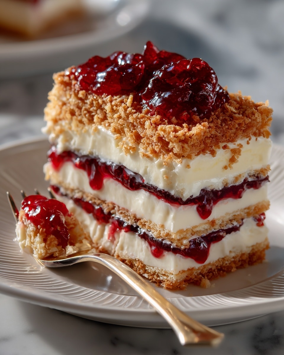 A slice of layered dessert rests on a white plate with a subtle ridged pattern. The dessert has four layers of crumbly light brown biscuits alternating with three thick layers of smooth, creamy white filling. Between the creamy layers are bright red-purple jam layers, adding a jelly-like texture and rich color. On top of the slice is a dollop of chunky, shiny red fruit topping. A silver fork holds a small piece of the dessert near the bottom left of the plate. The scene is set on a white marbled surface. Photo taken with an iphone --ar 4:5 --v 7