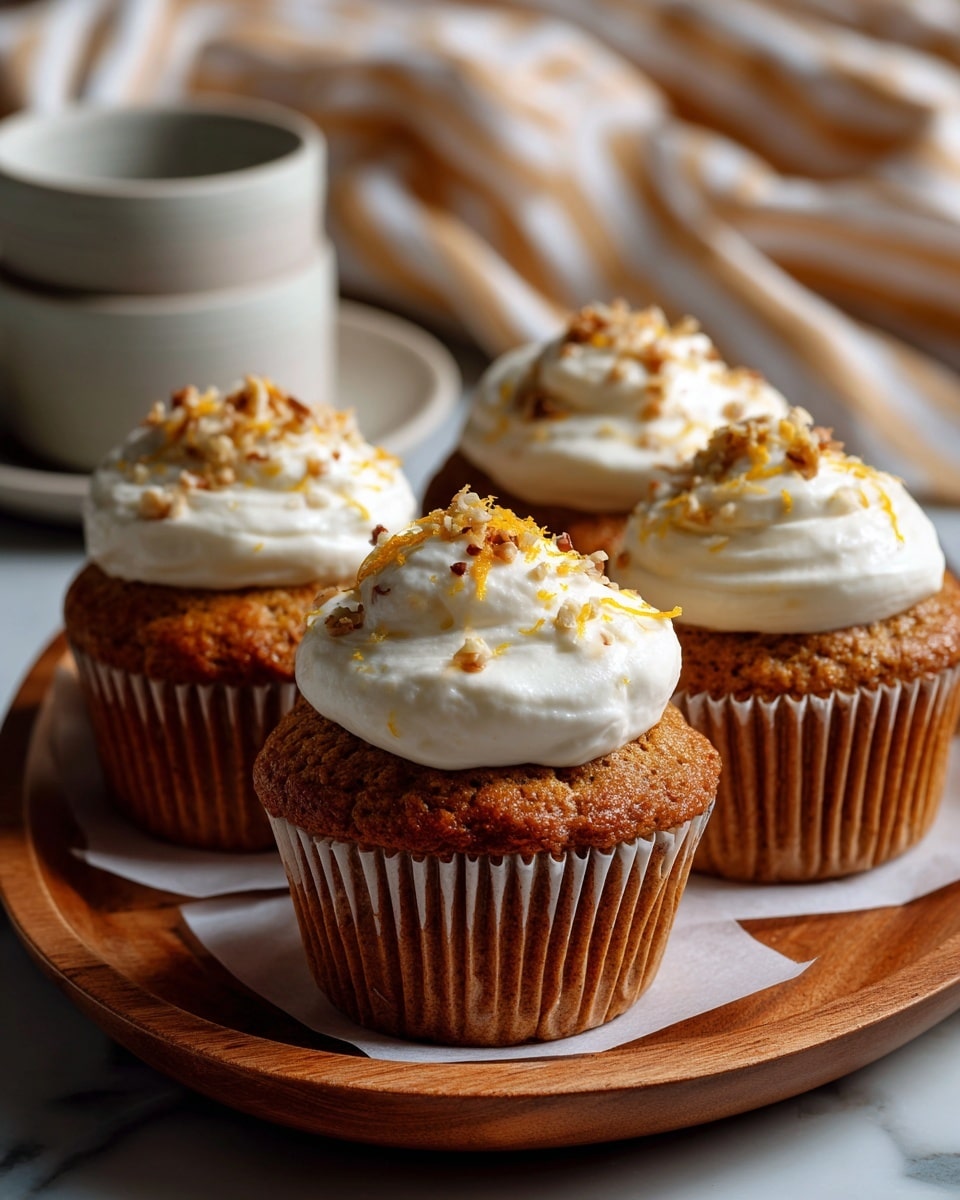 There are four muffins on a wooden plate covered with white parchment paper. Each muffin has one layer of light brown textured muffin base with small bits visible throughout, topped with one thick layer of creamy white frosting that looks smooth and soft. Small pieces of chopped nuts and orange zest are sprinkled on top of each frosting layer. In the blurry background, there are white stacked cups and a peach-striped cloth on a white marbled surface. photo taken with an iphone --ar 4:5 --v 7