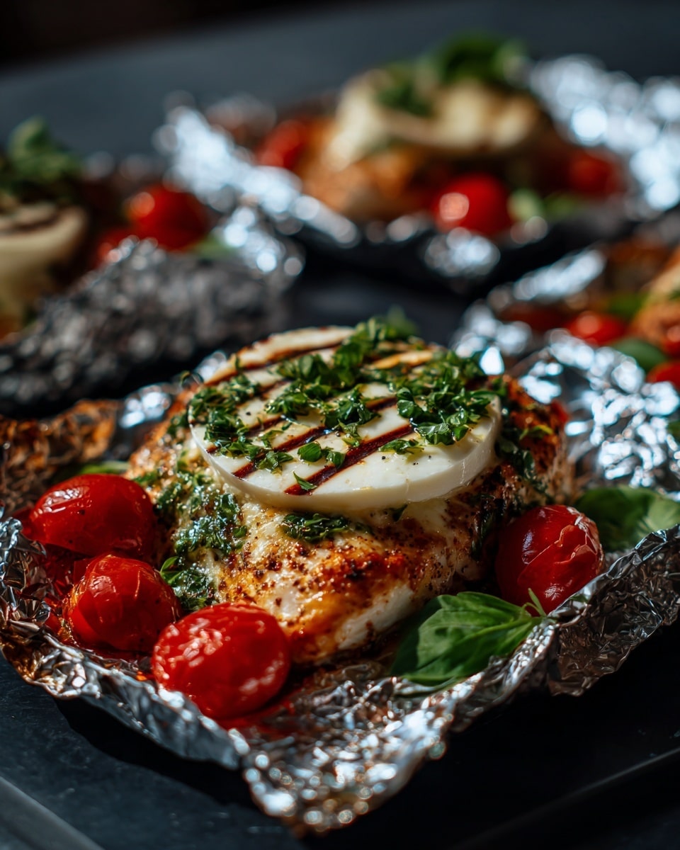 The dish shows two pieces of grilled chicken topped with bright green pesto sauce, placed on a crumpled sheet of shiny aluminum foil. On each chicken piece, there is a round white slice of fresh mozzarella cheese with dark brown balsamic glaze drizzled in stripes over it. Around the chicken and mozzarella, there are many small red cherry tomato halves, some slightly roasted, mixed with bits of herbs. Fresh green basil leaves sit on top of the mozzarella and scattered among the tomatoes. The foil rests on a dark grill surface, though the overall background area is changed to a white marbled texture. photo taken with an iphone --ar 4:5 --v 7