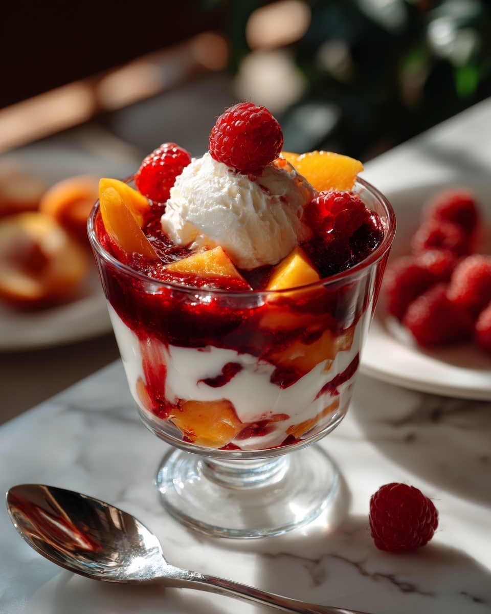 A tall clear glass filled with layered dessert showing five layers: the bottom is bright red raspberry sauce mixed unevenly with white cream, above it is a peach slice, then a smooth white cream layer, followed by another bright red raspberry sauce with peach slices inside, topped with white cream, and finished with fresh whole raspberries and peach slices drizzled with red sauce. The glass is on a white marbled surface with a metal spoon to the right and a single raspberry on the surface in front. Photo taken with an iphone --ar 4:5 --v 7