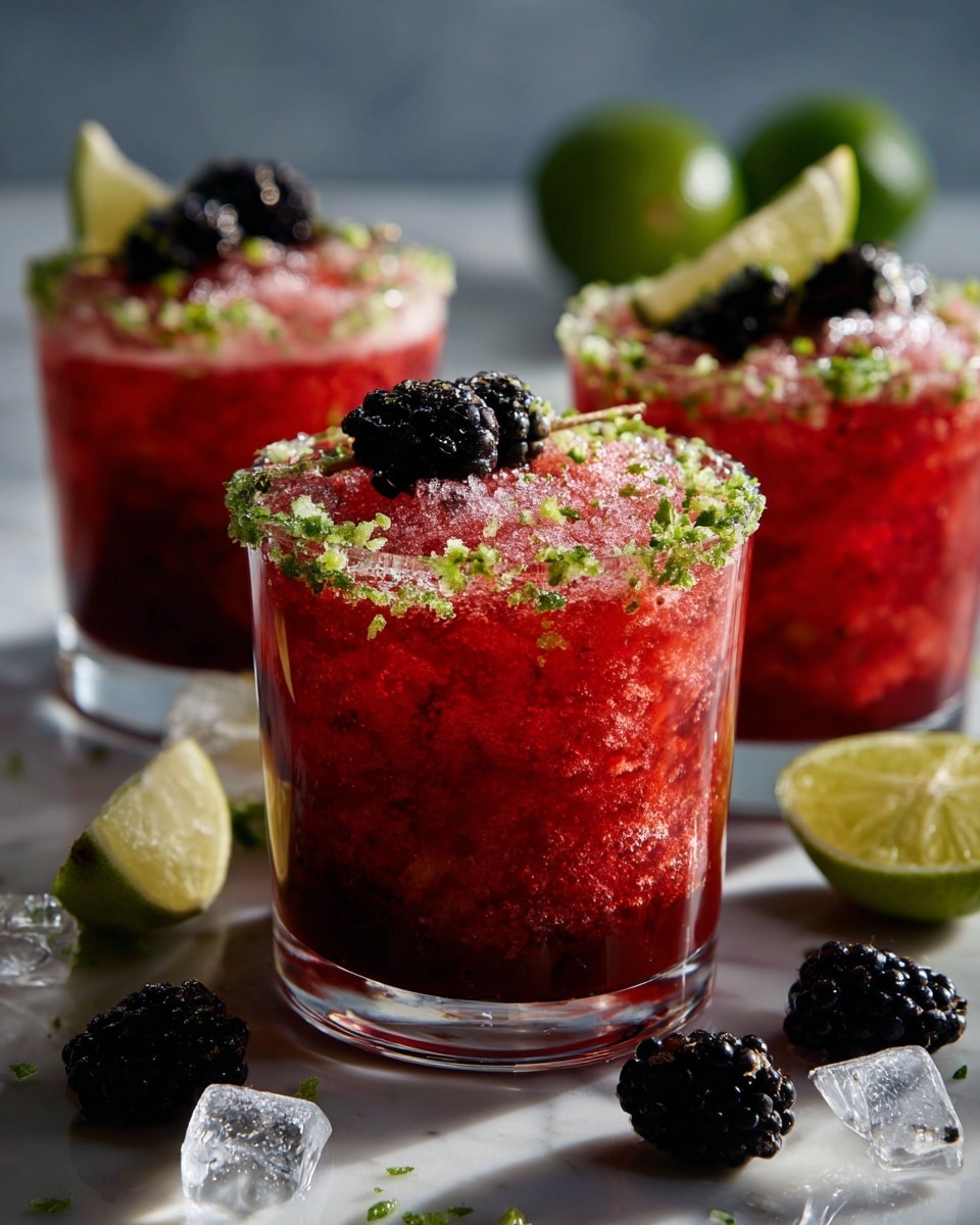 Three glasses filled with bright red drinks topped with crushed ice and blackberries are set on a white marbled surface. Each glass has a thick layer of coarse salt mixed with lime zest around the rim. Two of the glasses have a lime wedge placed on the rim. The drinks look fresh and cold with the ice sparkling under the light. A few extra blackberries and ice cubes rest on the surface around the glasses. The background is a smooth grey color. Photo taken with an iphone --ar 4:5 --v 7