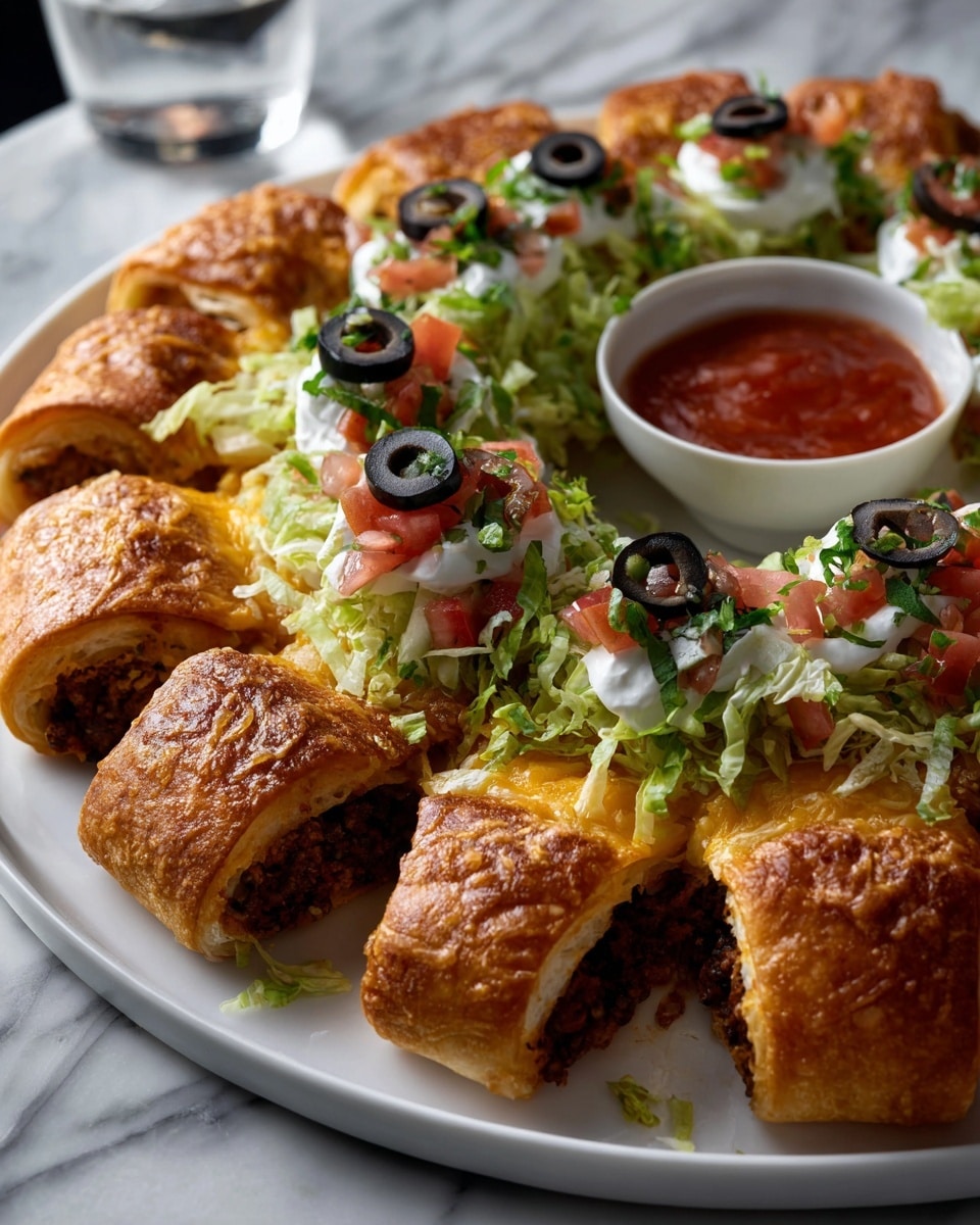 The image shows a golden-brown crescent roll ring filled with a dark meat and black bean mixture. The ring has multiple crescent rolls arranged in a circle with visible layers of flaky dough covering the filling, rising upwards in some parts. Inside the ring, there are three rows of toppings: light green shredded lettuce, bright red diced tomatoes, and a white creamy sauce with two black olive slices on top. The dish sits on white parchment paper placed on a white marbled surface, with a black bowl of red sauce in the background. Photo taken with an iphone --ar 4:5 --v 7
