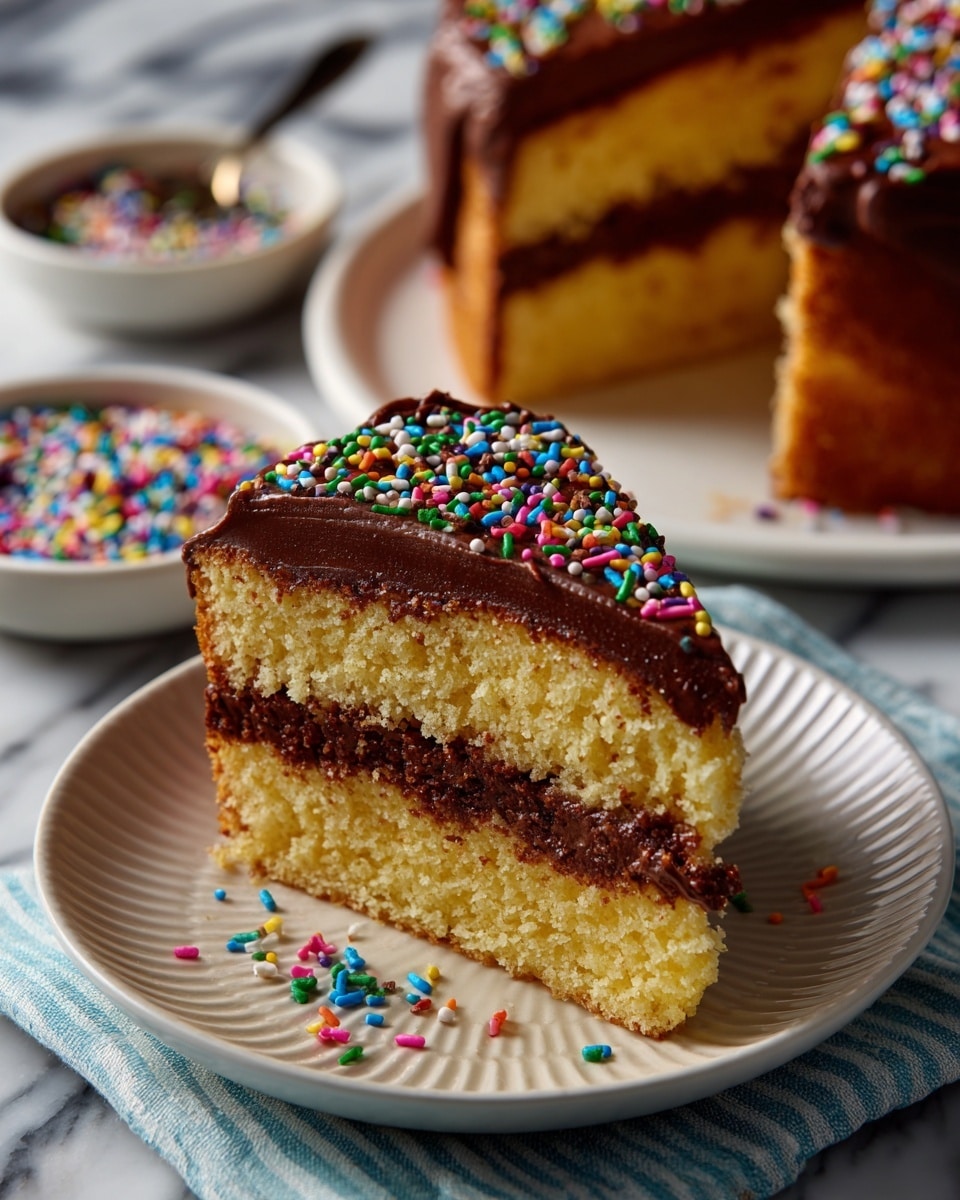 A round chocolate cake with thick, smooth chocolate frosting covers the entire cake in one even layer with some swirled texture on the sides and top. The cake sits on a white marble cake stand with a wooden base. On top of the cake are five tall, lit golden candles standing upright evenly spaced. Colorful round sprinkles in pink, orange, yellow, white, purple, and blue are scattered lightly over the top of the cake. A small white bowl filled with more colorful sprinkles sits nearby on a white marbled surface, along with a stack of white plates and a fork. The background is a soft gray with a white marbled texture. photo taken with an iphone --ar 4:5 --v 7
