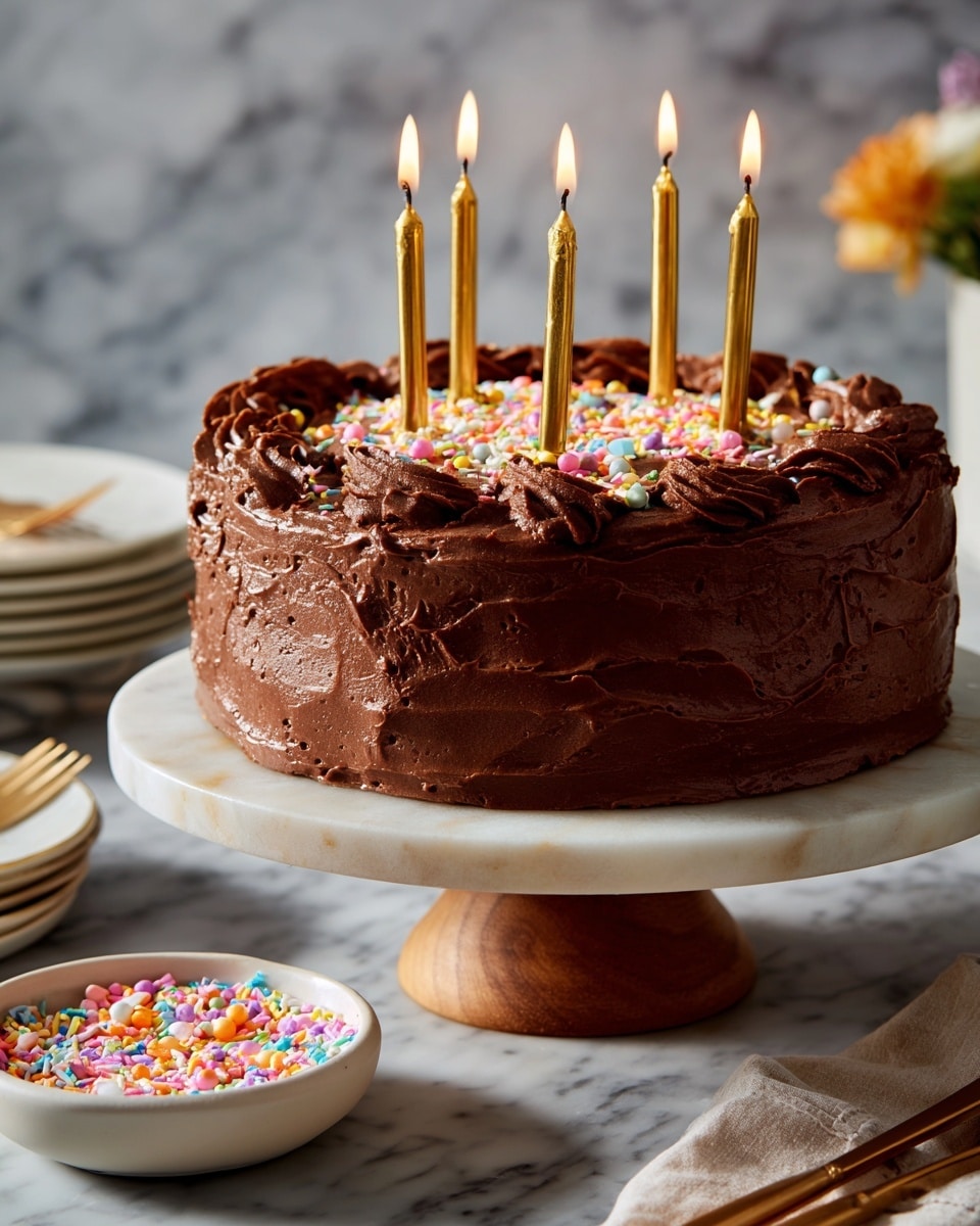 A slice of two-layer vanilla cake on a white plate with a textured pattern. Each cake layer is light yellow with a soft crumb. Between the layers, there is a thick, smooth dark chocolate frosting. The outer layer of the cake is completely covered with the same dark chocolate frosting, which looks creamy and thick. Small round colorful sprinkles in bright orange, green, pink, blue, yellow, purple, and white are placed on top of the frosting and scattered on the plate. The plate is on a white marbled surface, and part of a light blue and white striped cloth is visible near the plate. A bowl filled with more colorful sprinkles is near the cake slice. Photo taken with an iphone --ar 4:5 --v 7