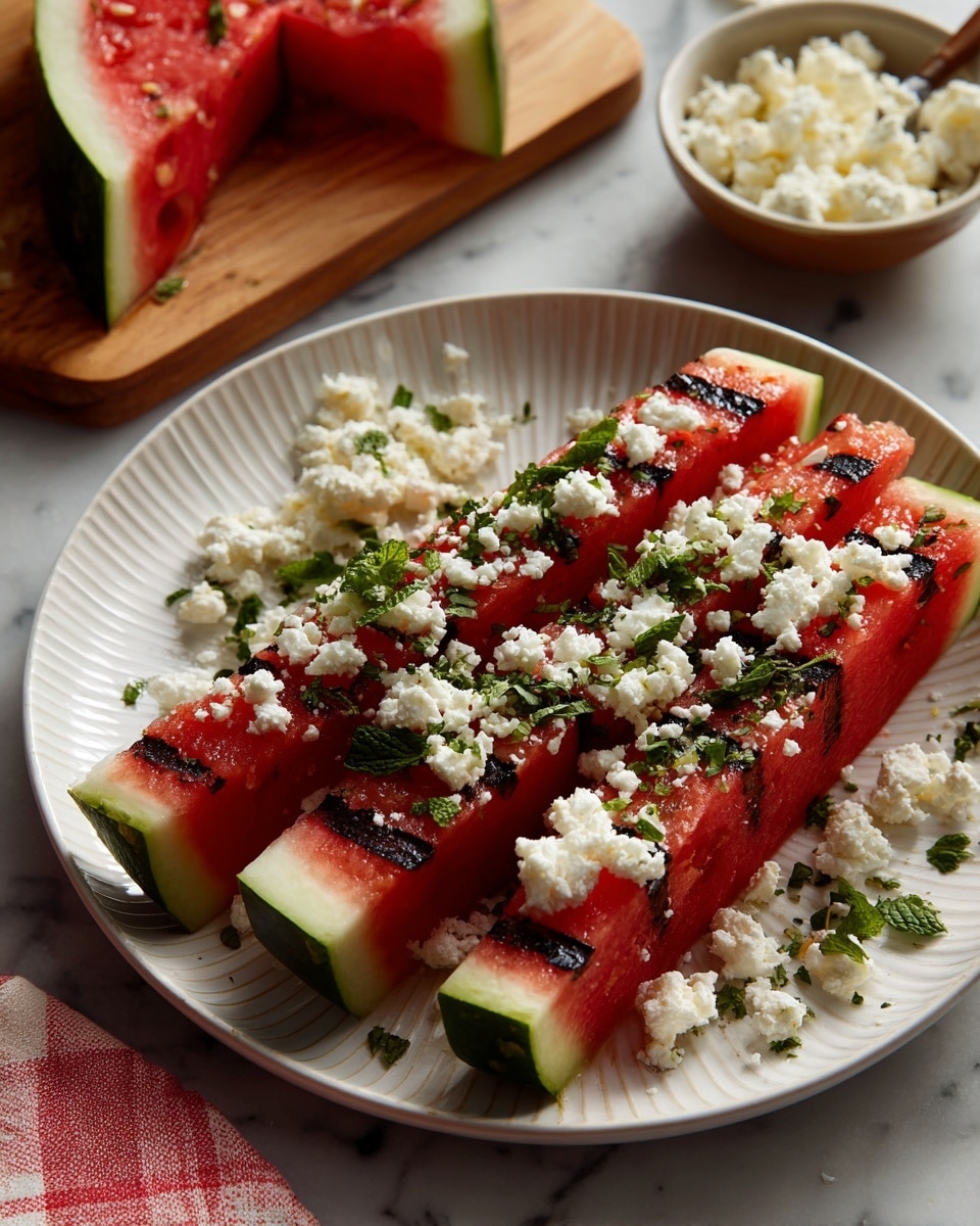 Three watermelon slices with dark green rind and bright red flesh are placed on a white plate, each slice showing black seeds and grill marks running horizontally. The watermelon slices are topped with small white crumbles of cheese and thin strips of fresh green mint. The plate is on a white marbled surface, next to a small white bowl filled with more cheese, a wooden board holding a large watermelon slice, and a red and white checkered cloth. Photo taken with an iphone --ar 4:5 --v 7
